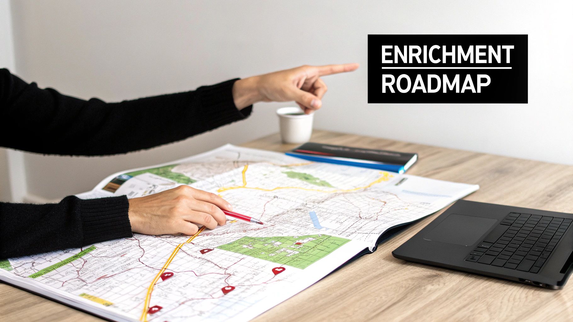 Step-by-step visual roadmap for implementing a B2B data enrichment strategy: Phase 1 audit and goal definition, Phase 2 tool selection and integration, Phase 3 ongoing maintenance and monitoring