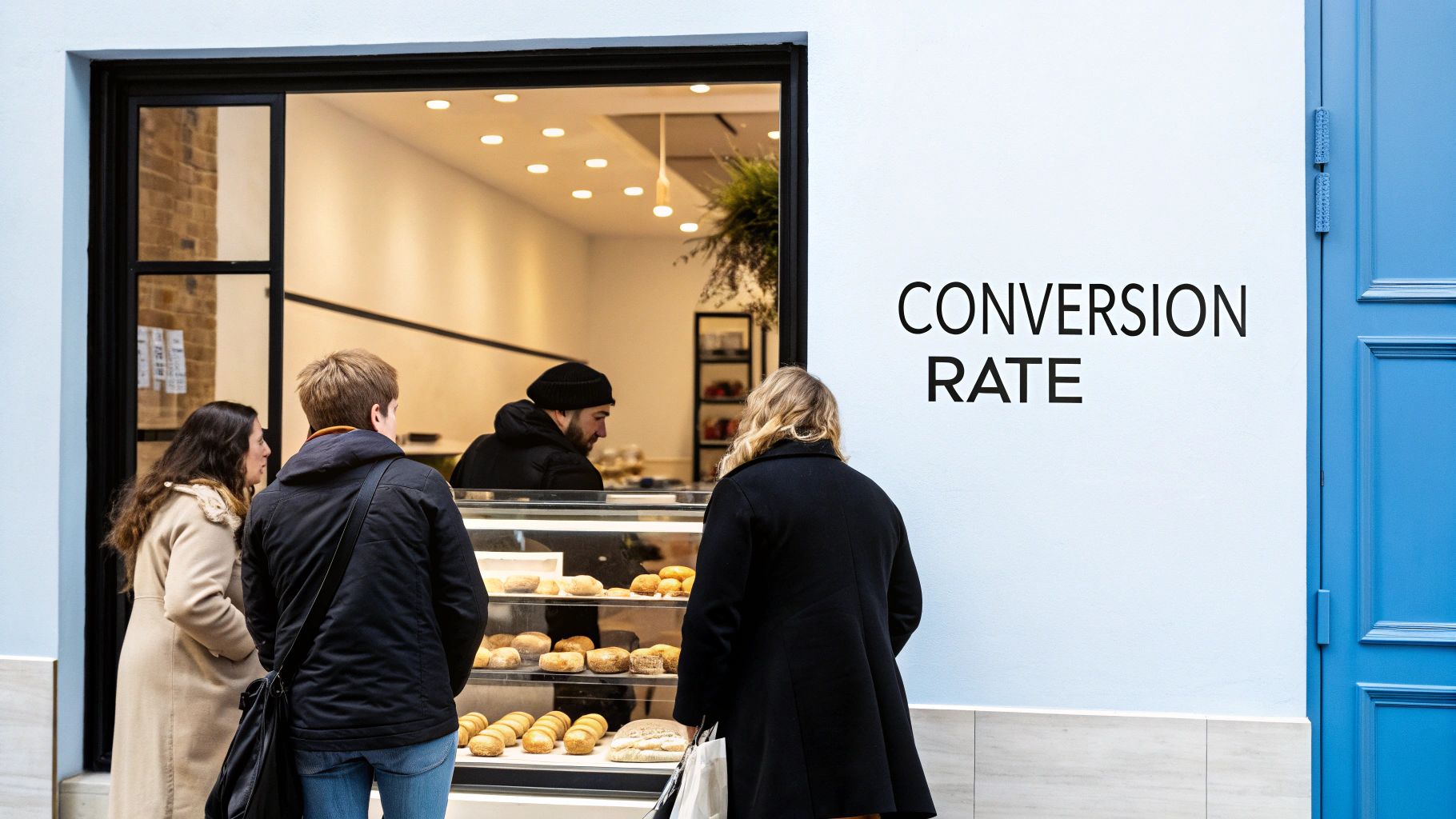 Customers standing at bakery counter ordering pastries with conversion rate text overlay on wall