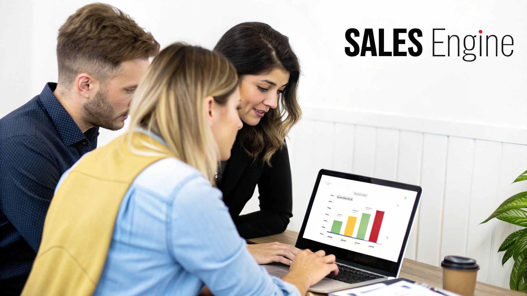 Sales team analyzing colorful bar charts on laptop screen discussing SALES Engine software performance