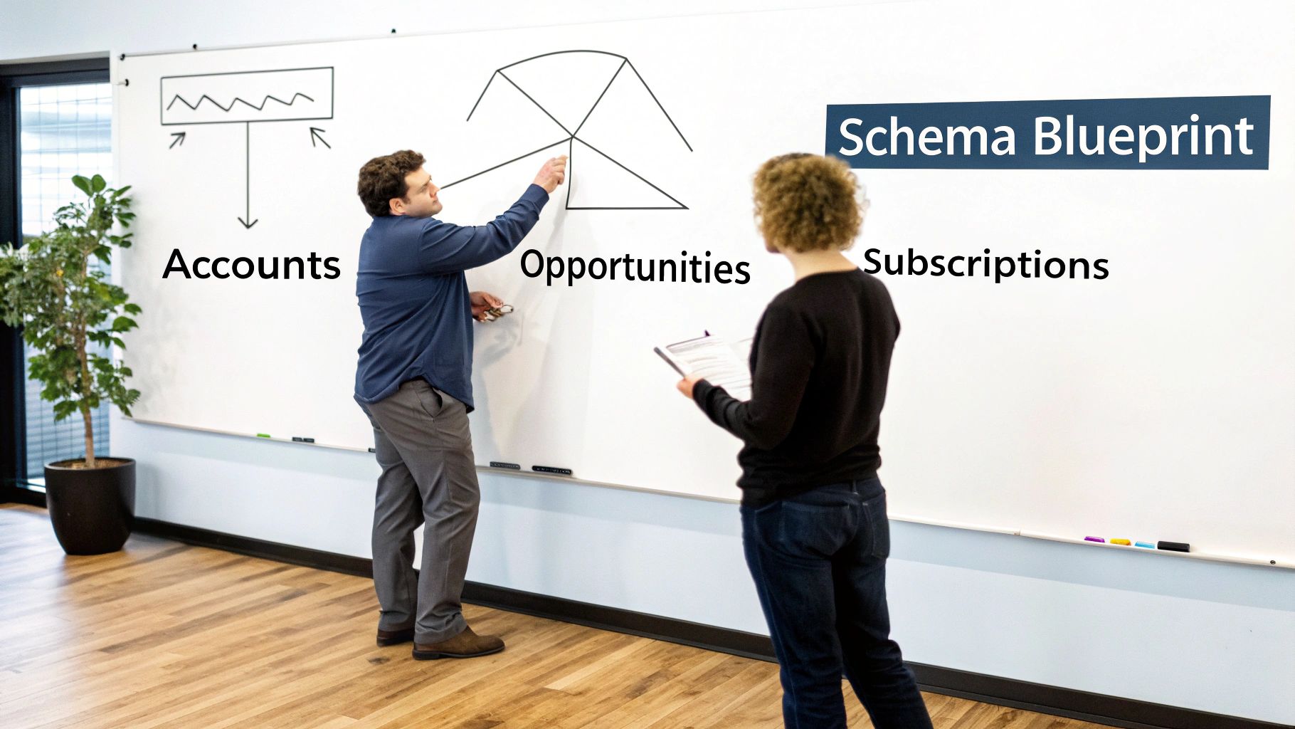 Two people collaborate on a whiteboard, drawing a data schema blueprint for accounts, opportunities, and subscriptions.