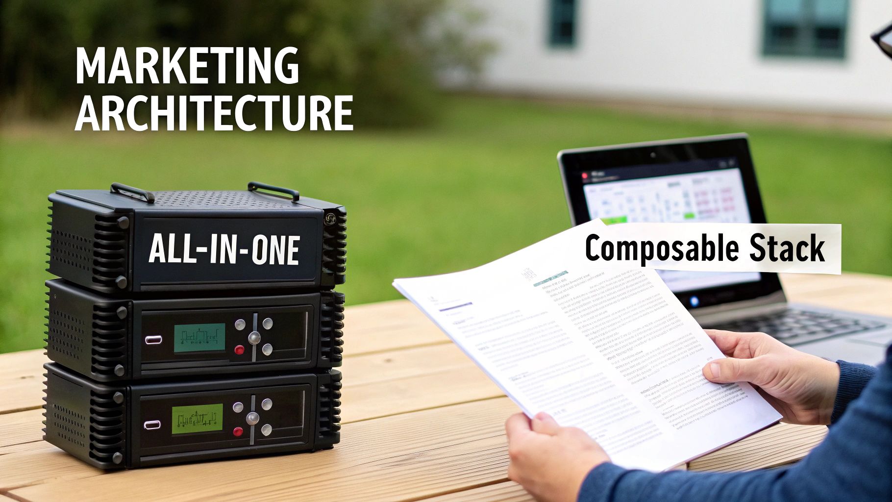 An infographic showing two distinct pathways for building marketing architecture, one streamlined and integrated, the other flexible and modular.
