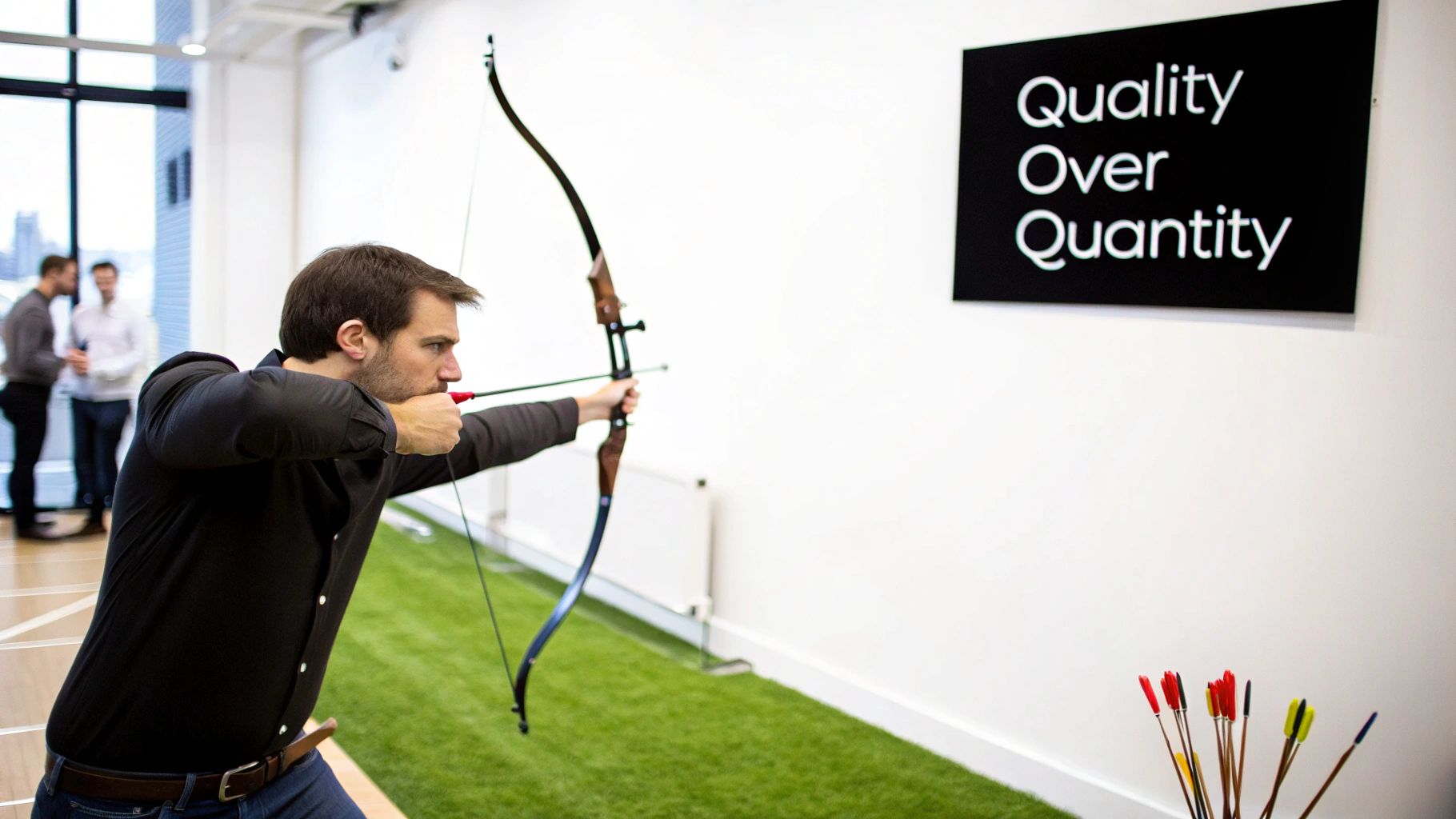 A team collaborating around a whiteboard with charts and graphs, representing strategic planning in Target Account Selling.