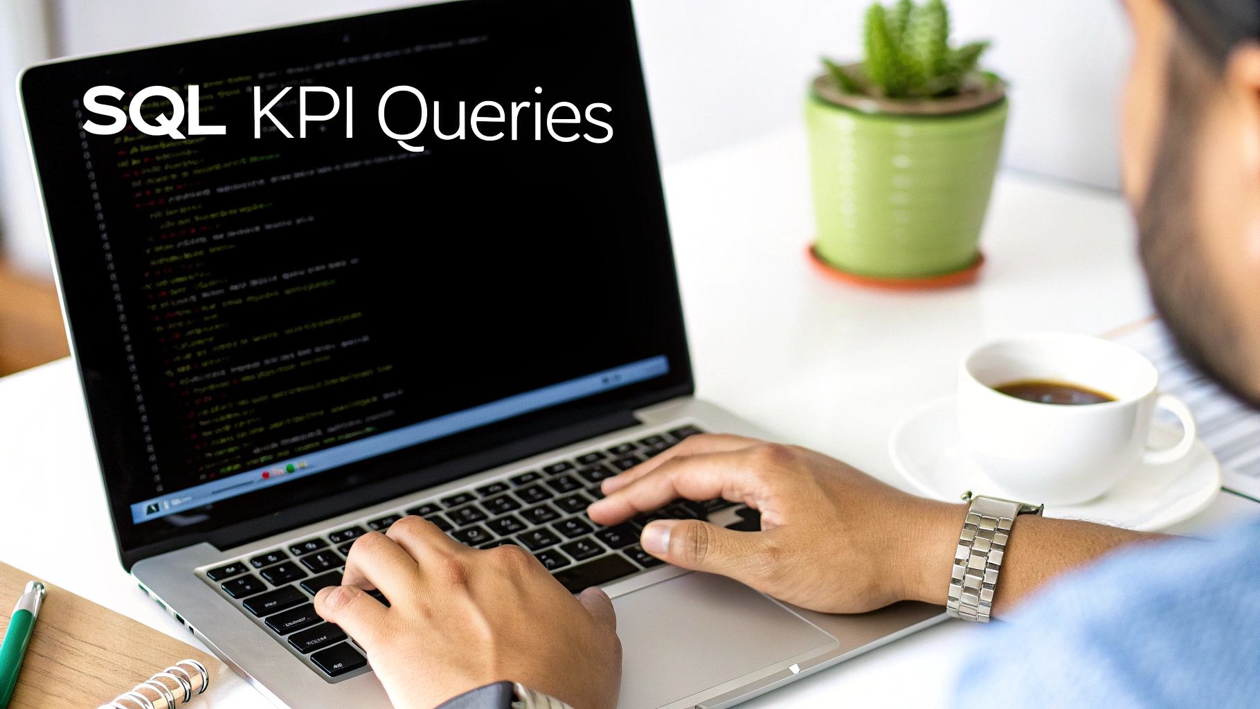 A person typing SQL KPI queries on a laptop, with a coffee cup and plant nearby.