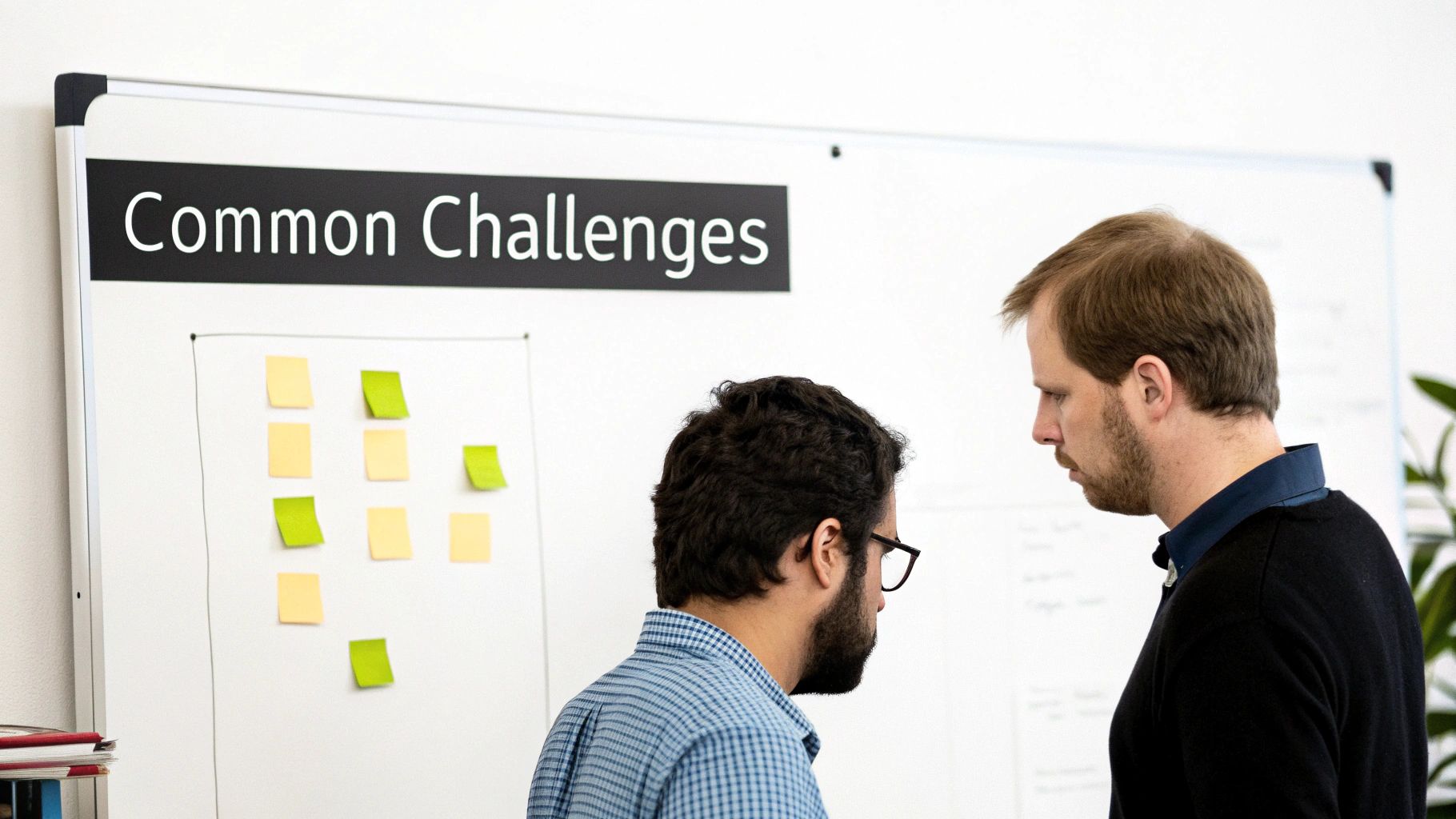 Two men intensely brainstorming, looking at a whiteboard with 'Common Challenges' and sticky notes.