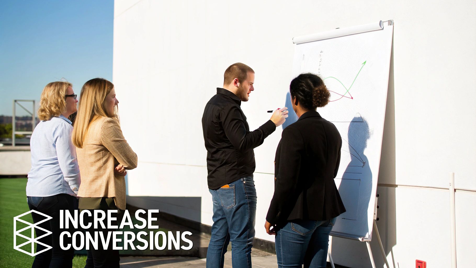 Business team collaborating around whiteboard presenting growth chart during outdoor strategy meeting