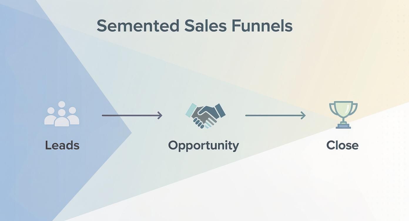Sales funnel diagram showing three stages: leads, opportunity with handshake, and close with trophy