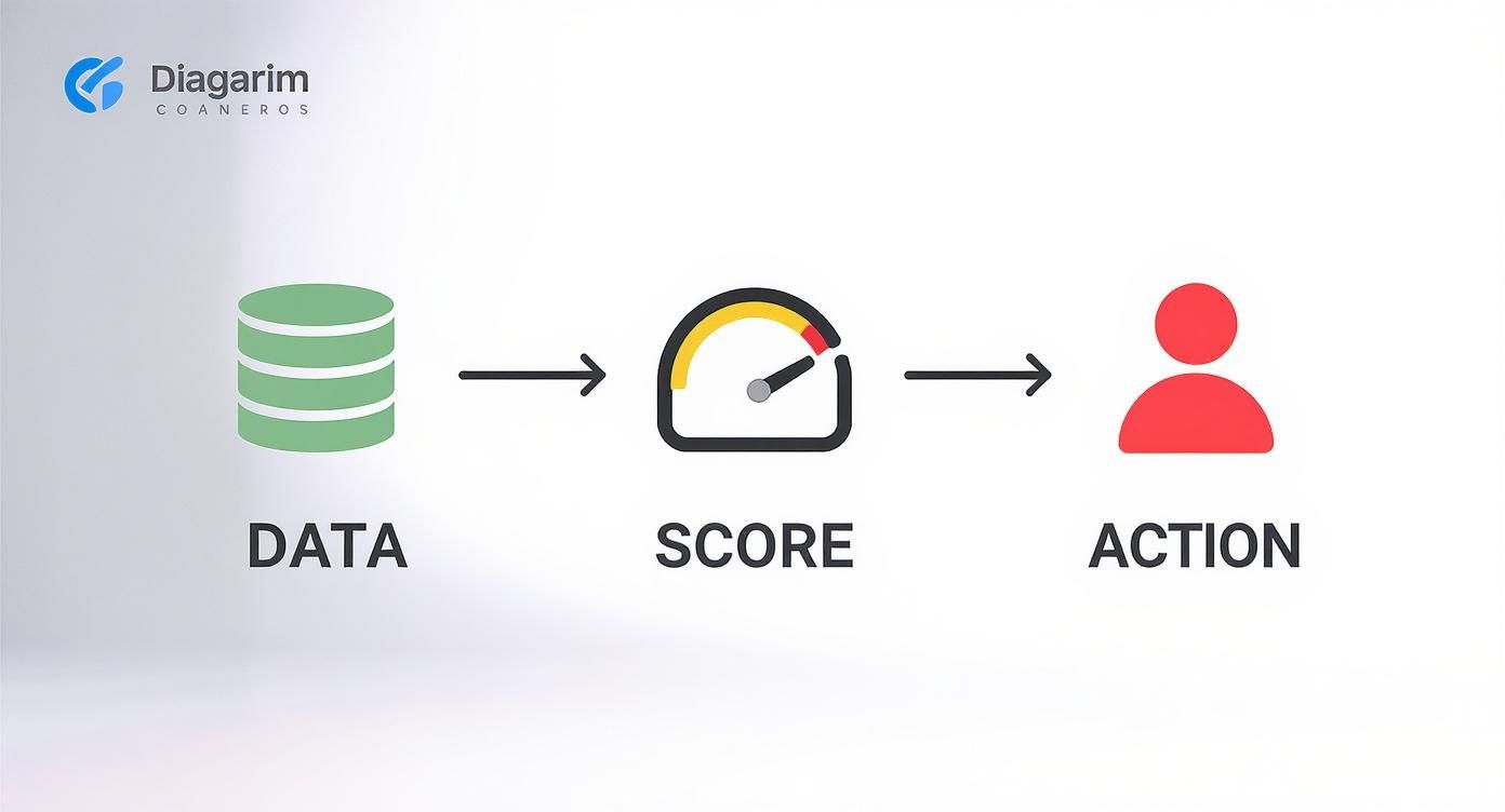 A flowchart showing data processing from a database icon, generating a score on a gauge, leading to an action represented by a person icon.