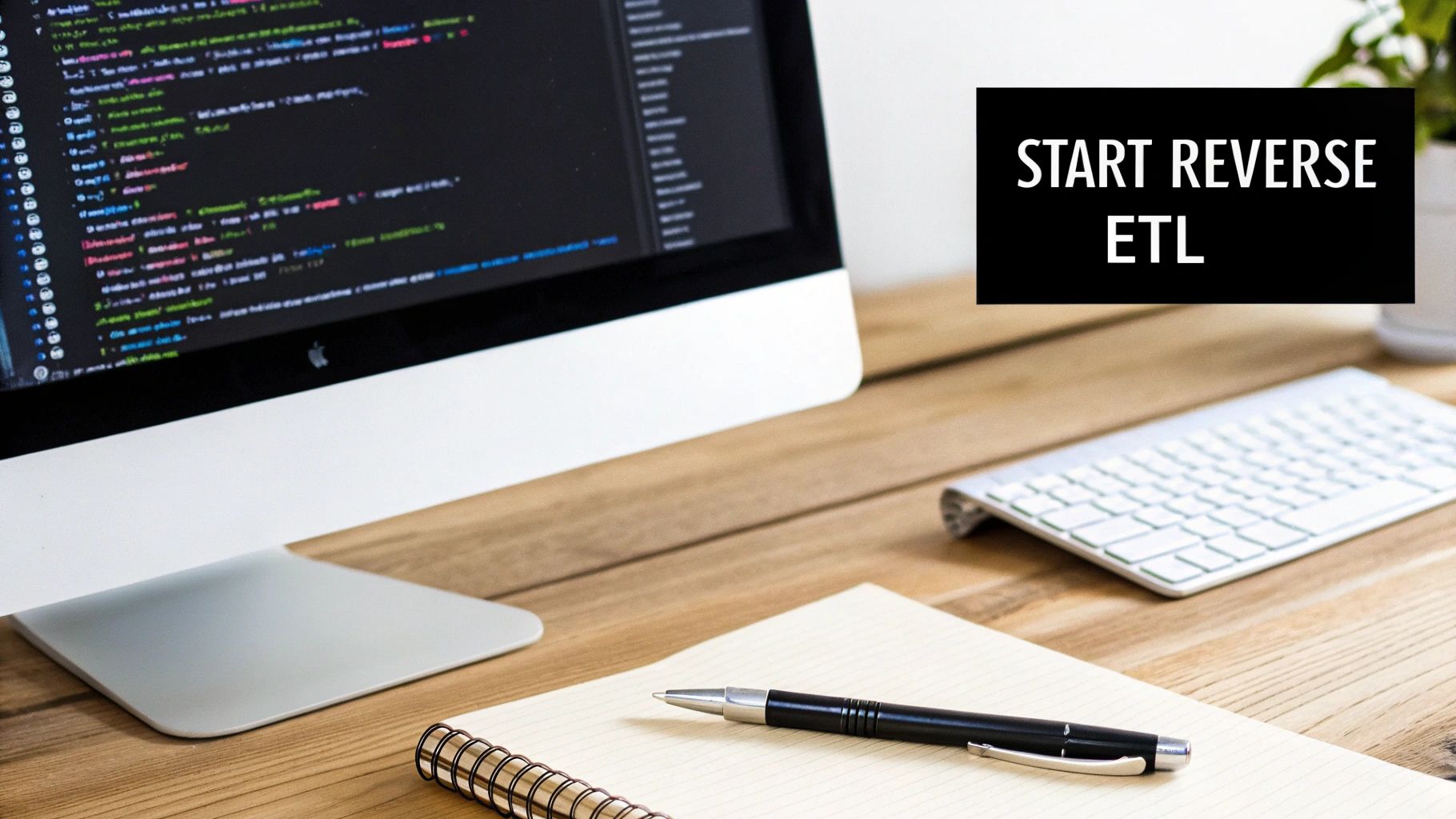 A desk setup featuring an iMac displaying code, a keyboard, notebook, and a 'START REVERSE ETL' sign.