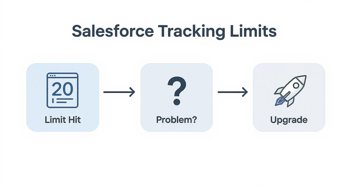 Flowchart showing Salesforce tracking limits: from 'Limit Hit' to 'Problem?' and then 'Upgrade'.