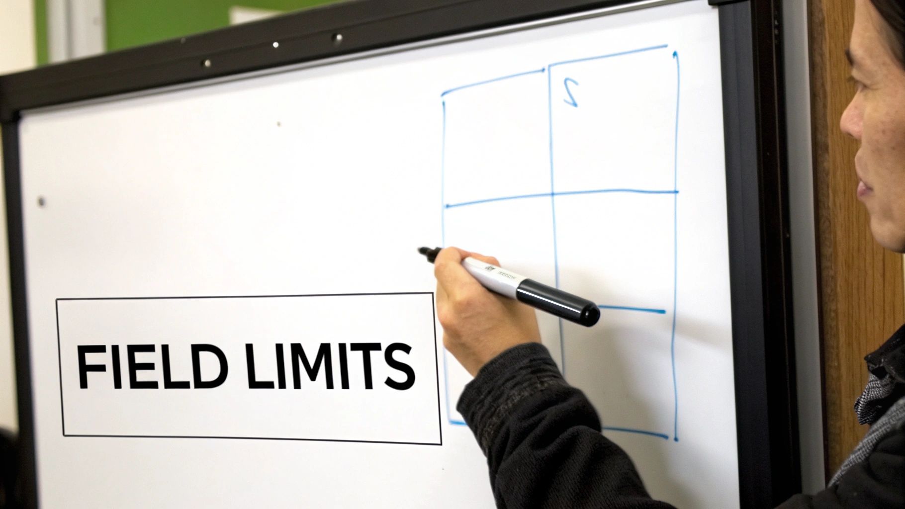 A person's hand draws a grid on a whiteboard, with the text "FIELD LIMITS" visible.