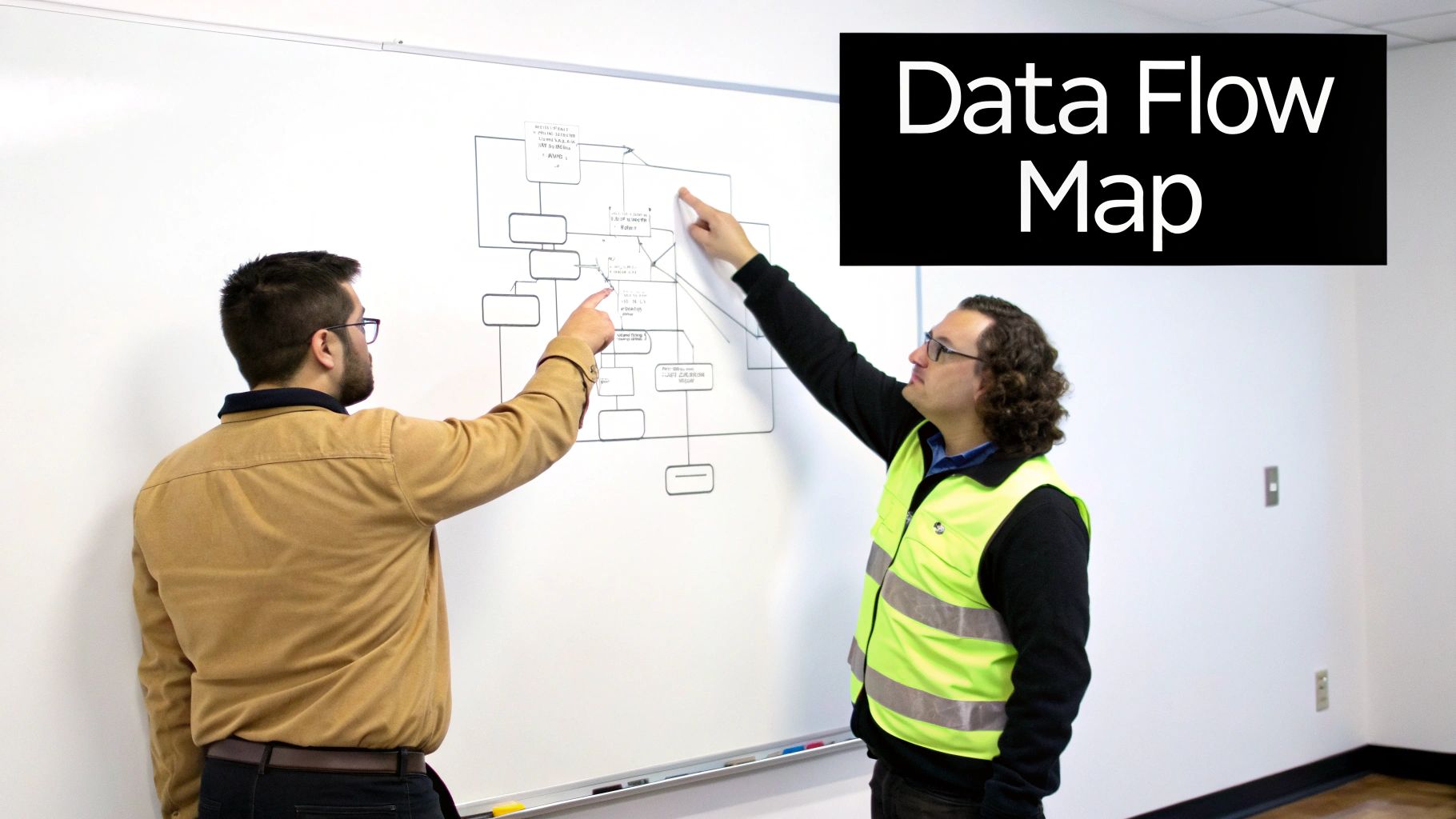 Two men discussing a data flow map on a whiteboard, pointing at different sections of the diagram.
