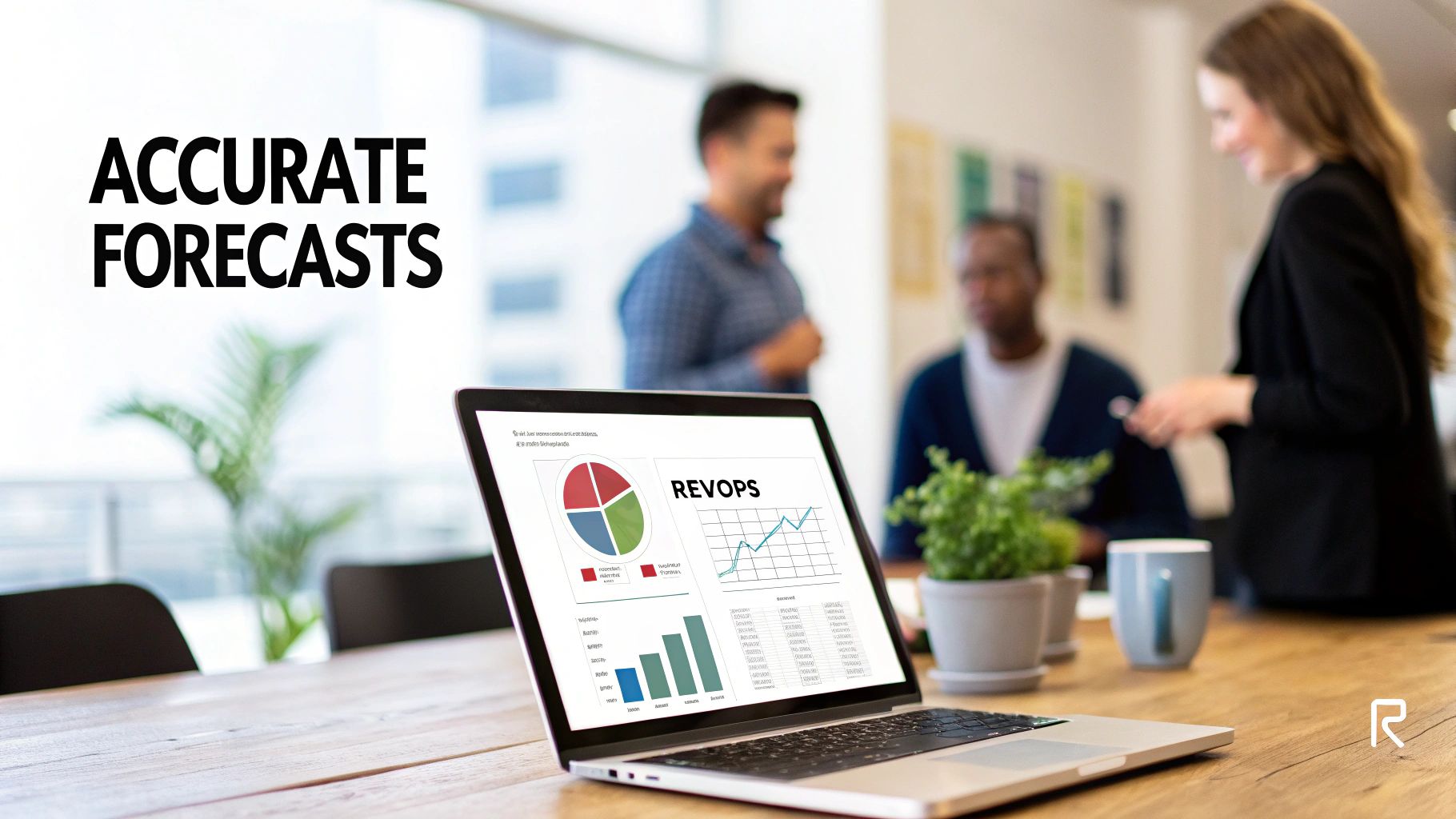 A group of professionals analyzing charts and data on a large screen, representing strategic sales forecasting.