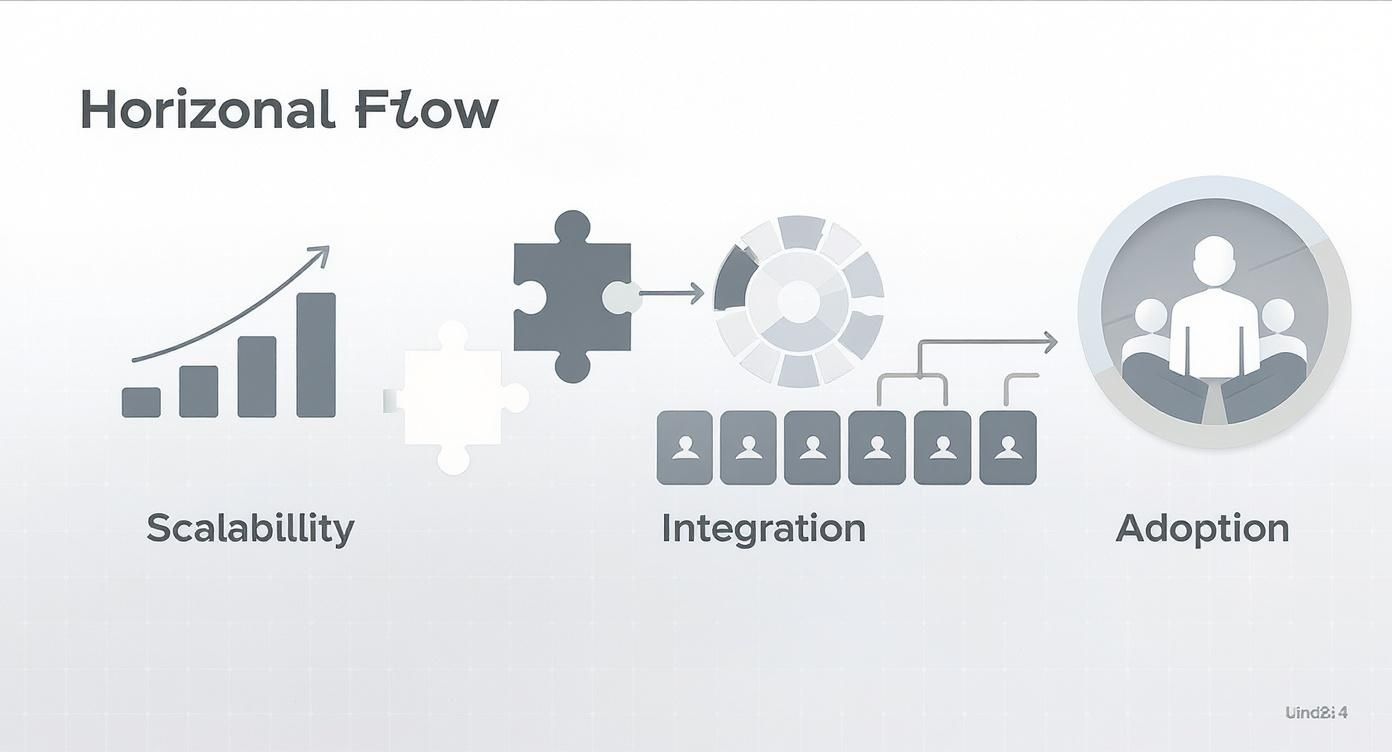 Horizontal flow diagram showing scalability growth chart, integration puzzle pieces, and user adoption illustration