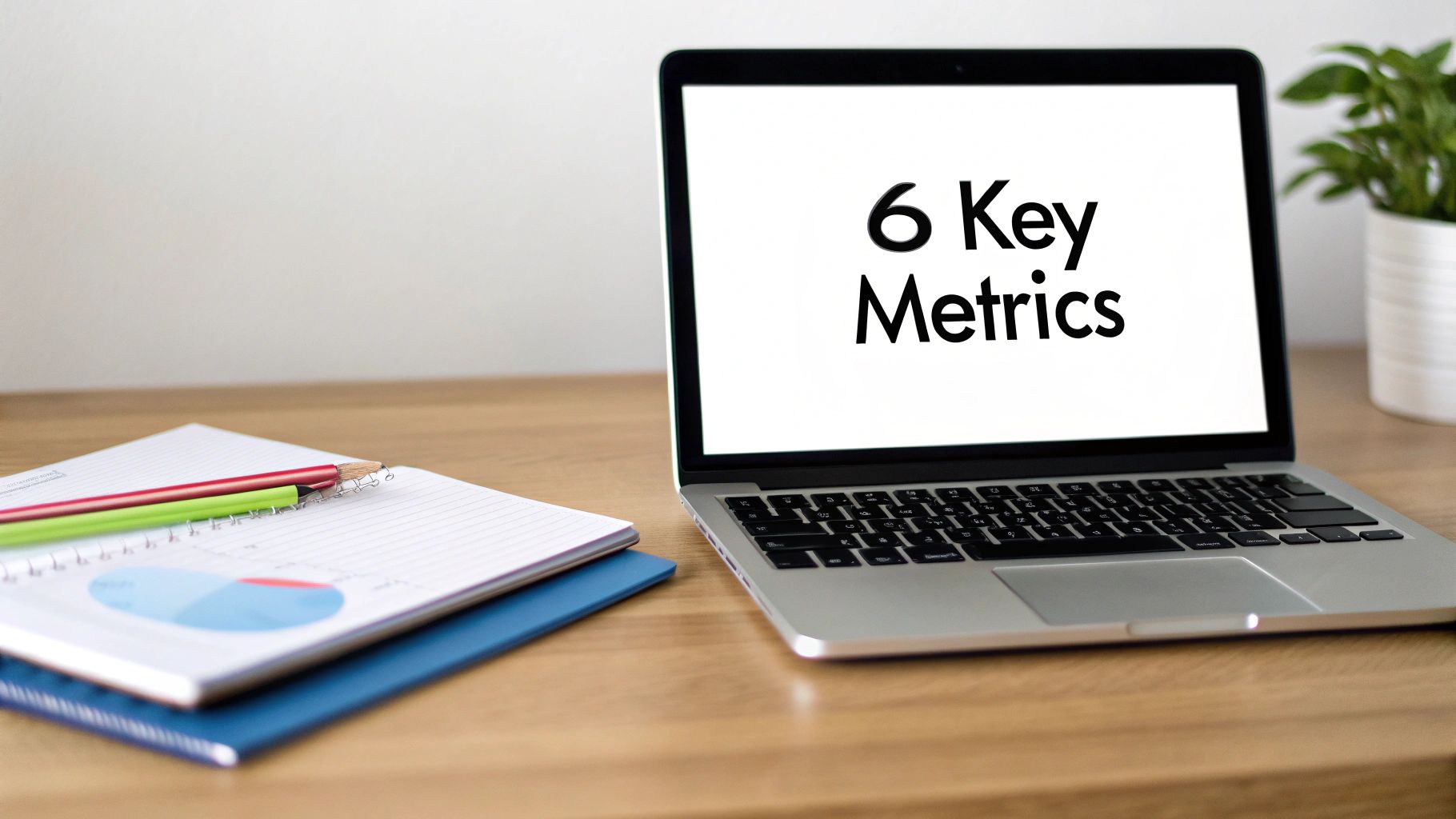 Laptop displaying '6 Key Metrics' with a notebook, pencils, and plant on a desk.