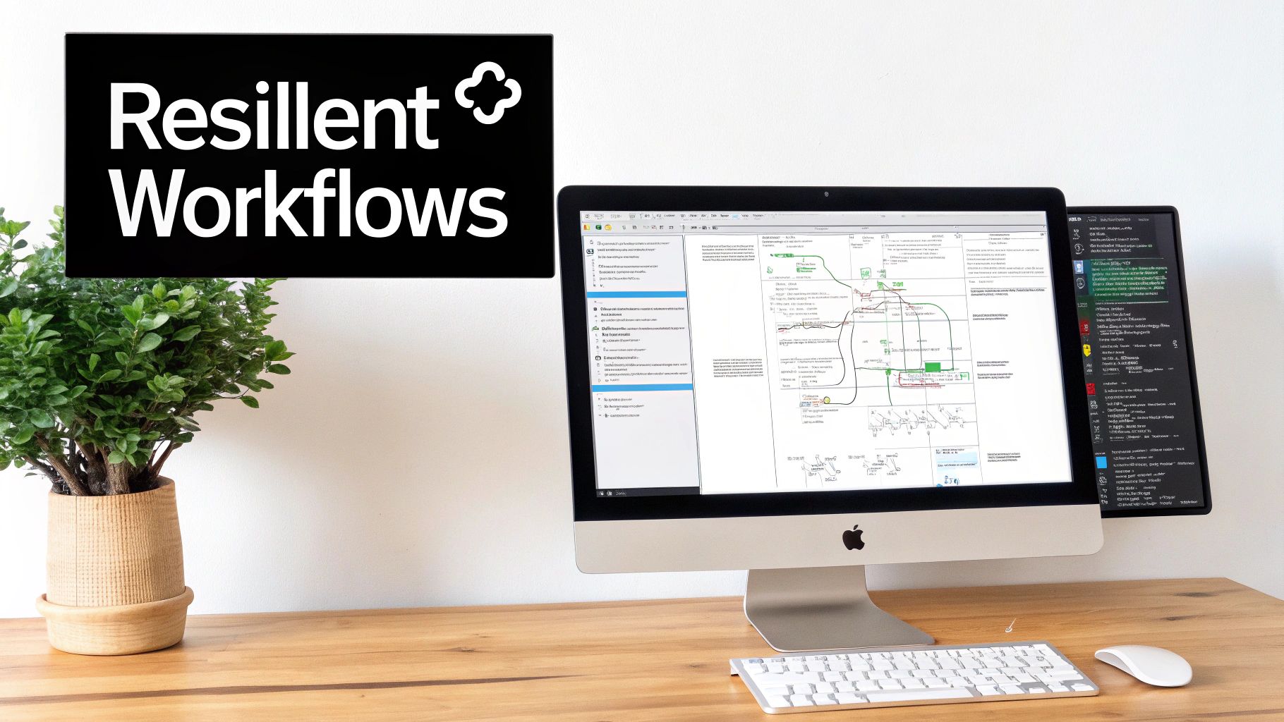 A modern workspace featuring an Apple iMac, a secondary monitor with diagrams, a plant, and a 'Resilient Workflows' sign.