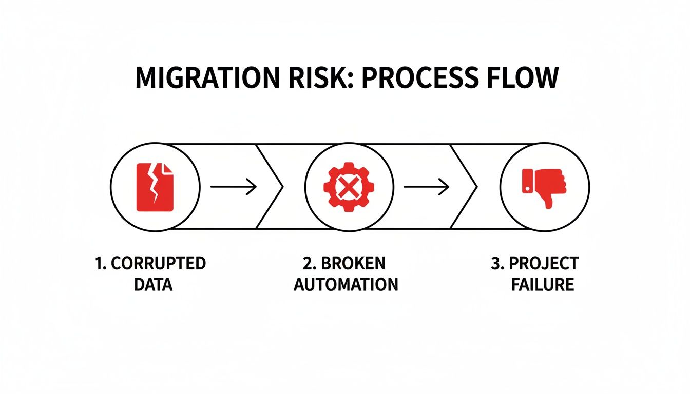 A flowchart illustrating migration risk process: corrupted data, broken automation, leading to project failure.