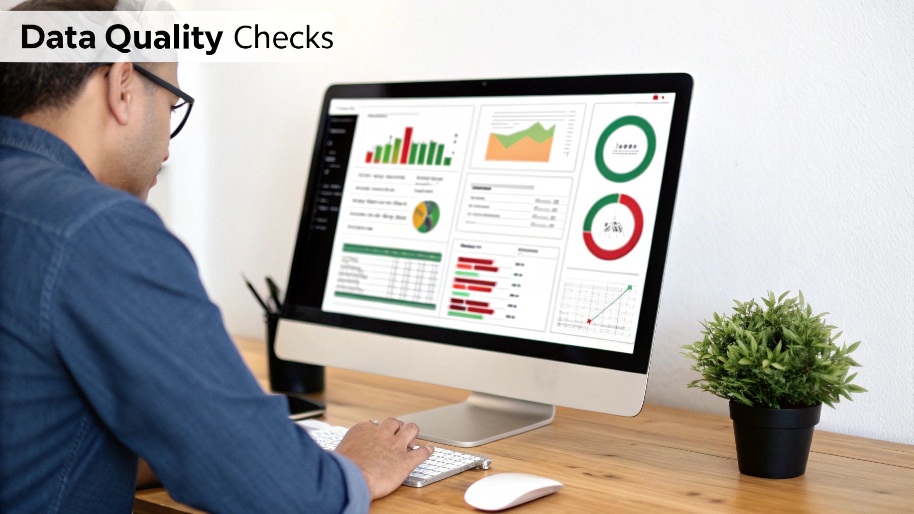 Person reviewing data quality checks on a computer dashboard with various charts and graphs.
