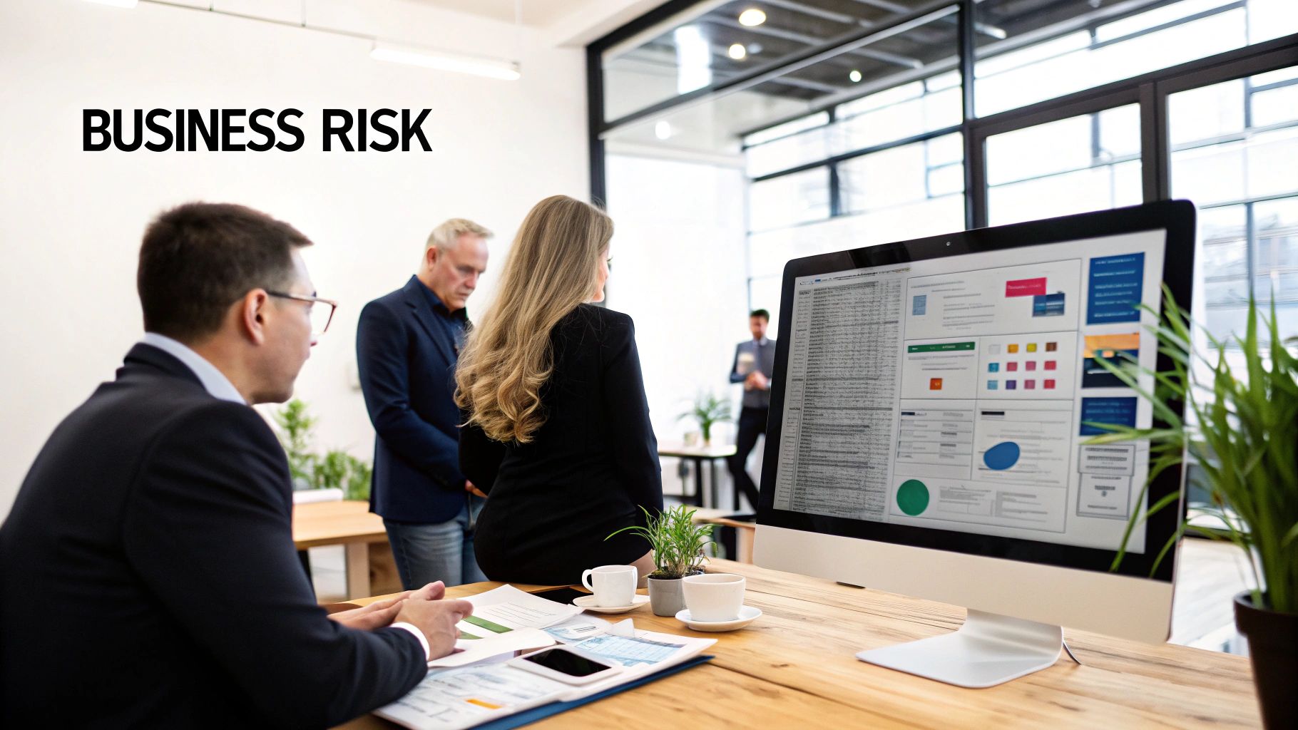 Business professionals analyze data and discuss 'BUSINESS RISK' in a bright, modern office setting.