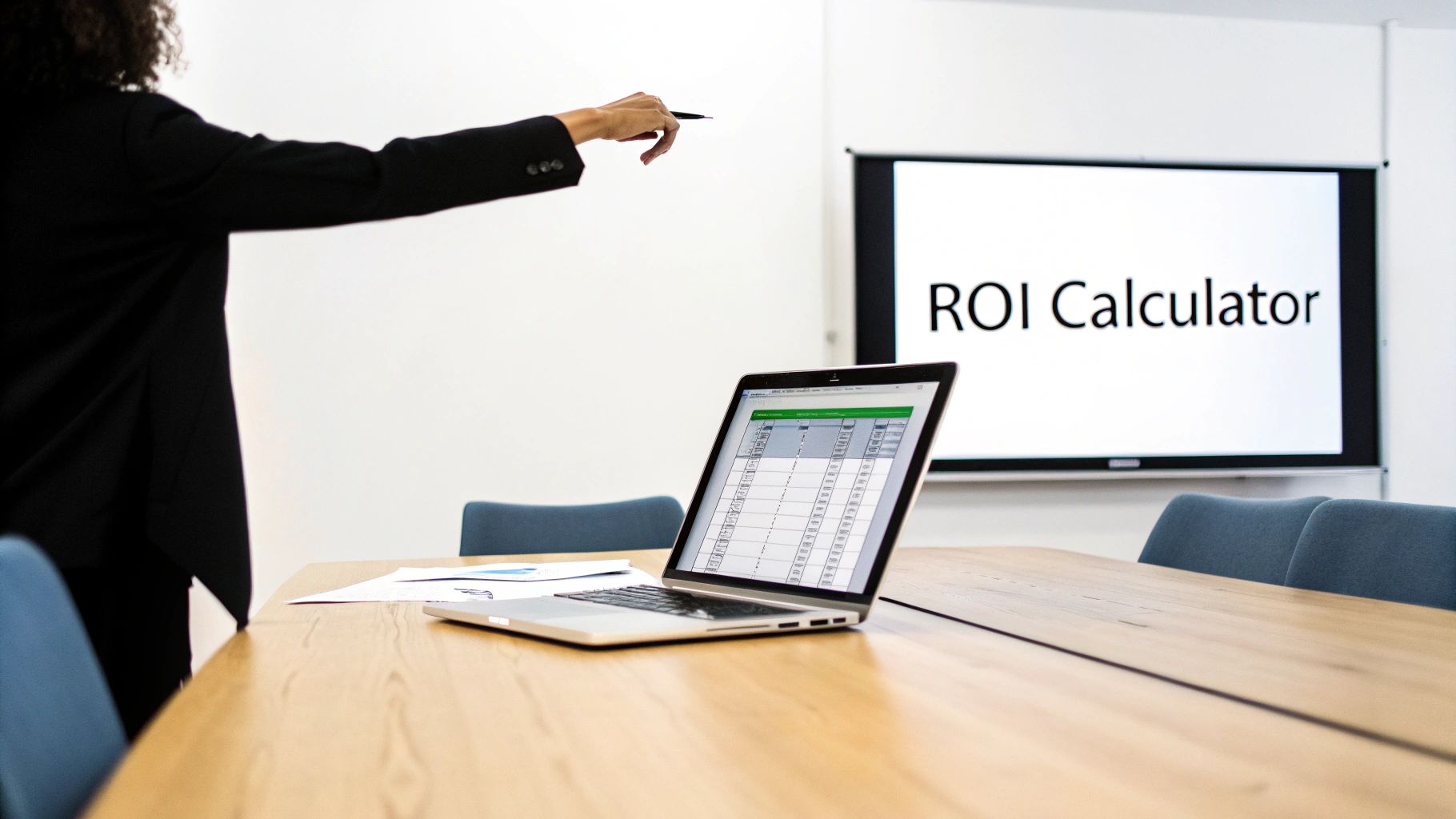 A professional pointing to an 'ROI Calculator' on a projection screen during a business meeting.
