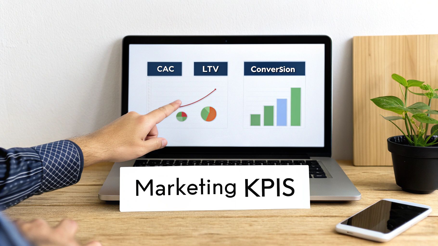 A modern, clean dashboard interface displaying various marketing KPIs like Customer Acquisition Cost (CAC), Lifetime Value (LTV), and conversion rates with colorful graphs and charts.