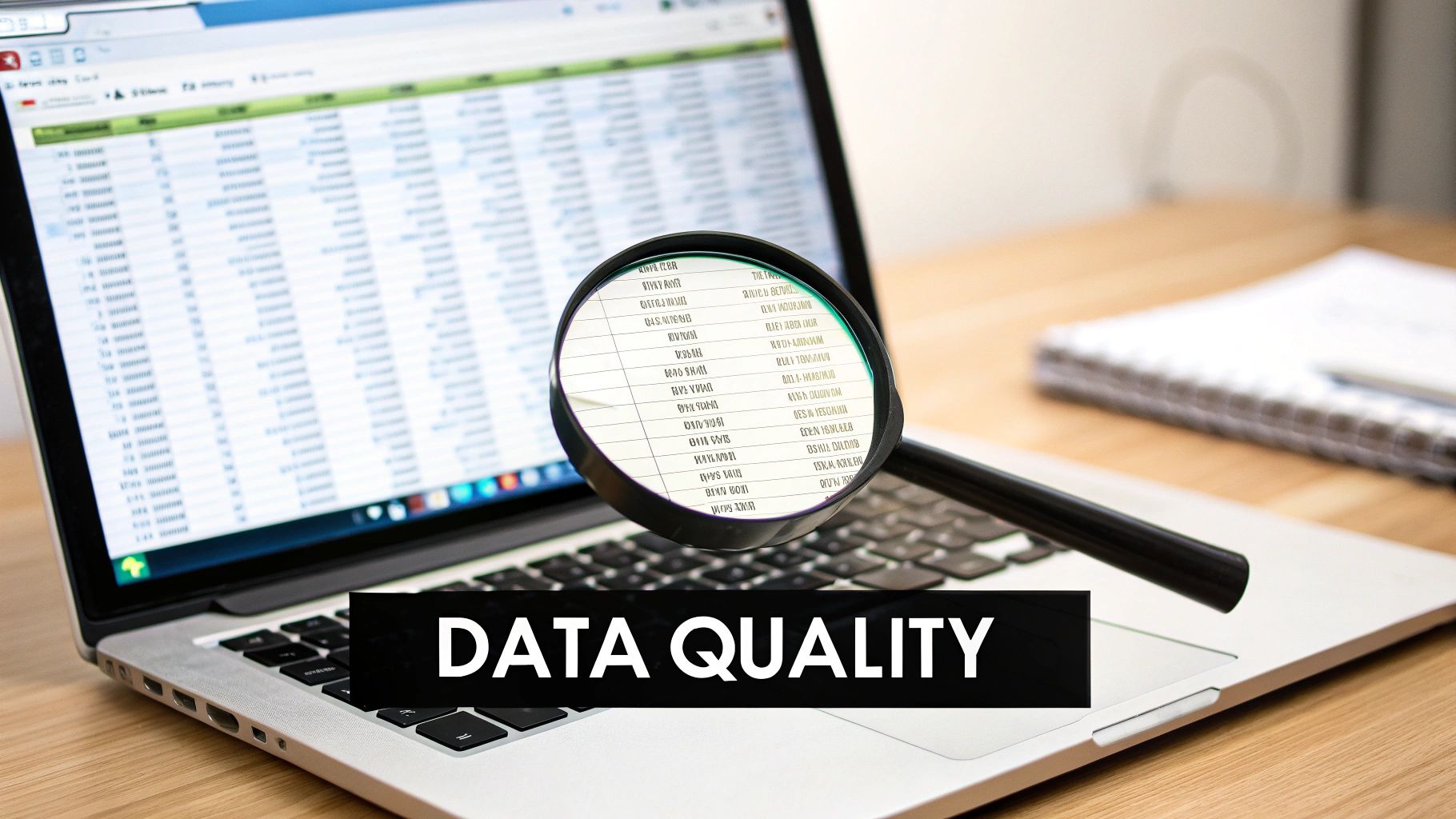 A magnifying glass inspects a spreadsheet on a laptop screen with 'DATA QUALITY' text overlay.