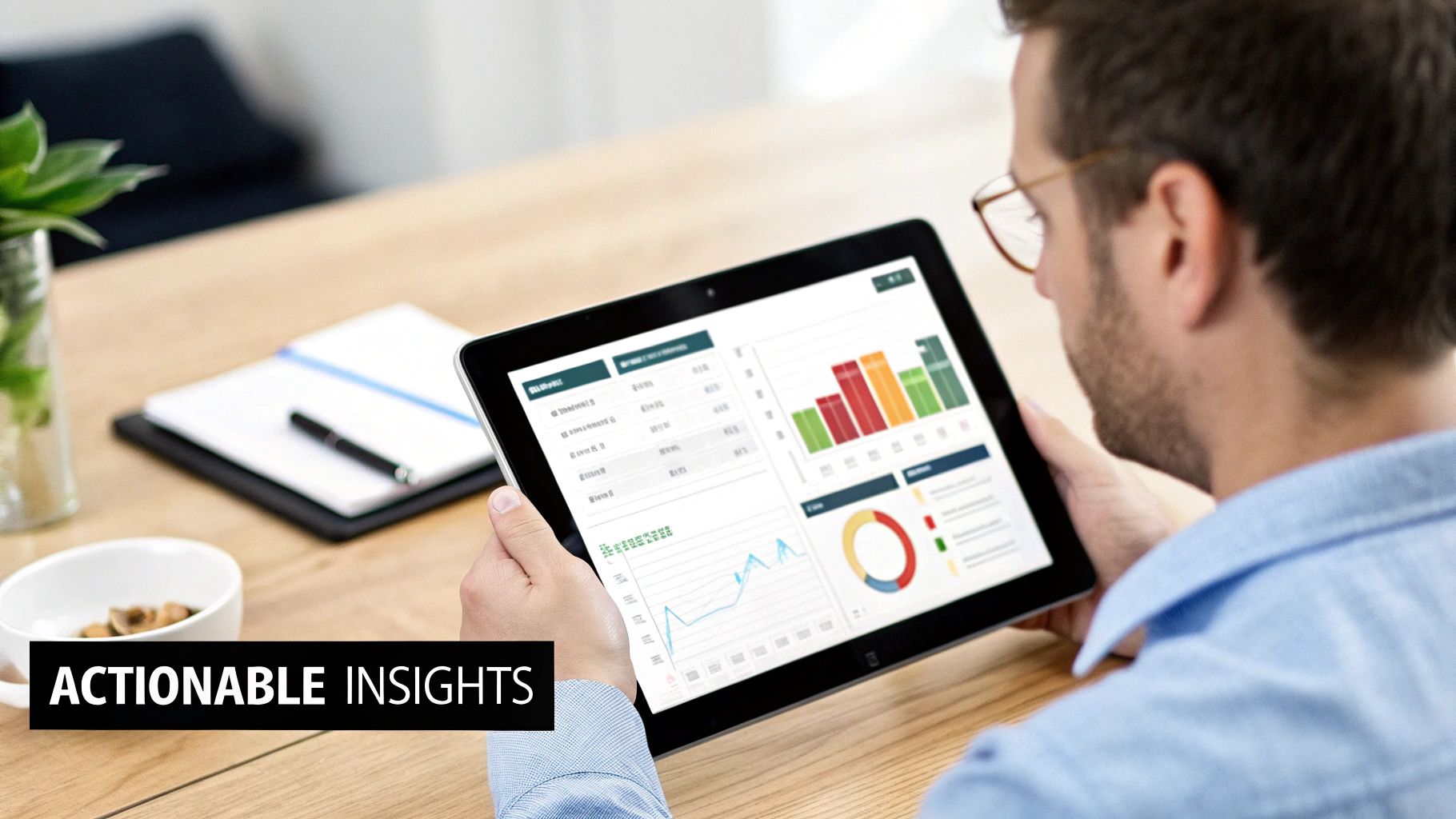 A man looking at a tablet showing various business charts and data on a wooden desk.