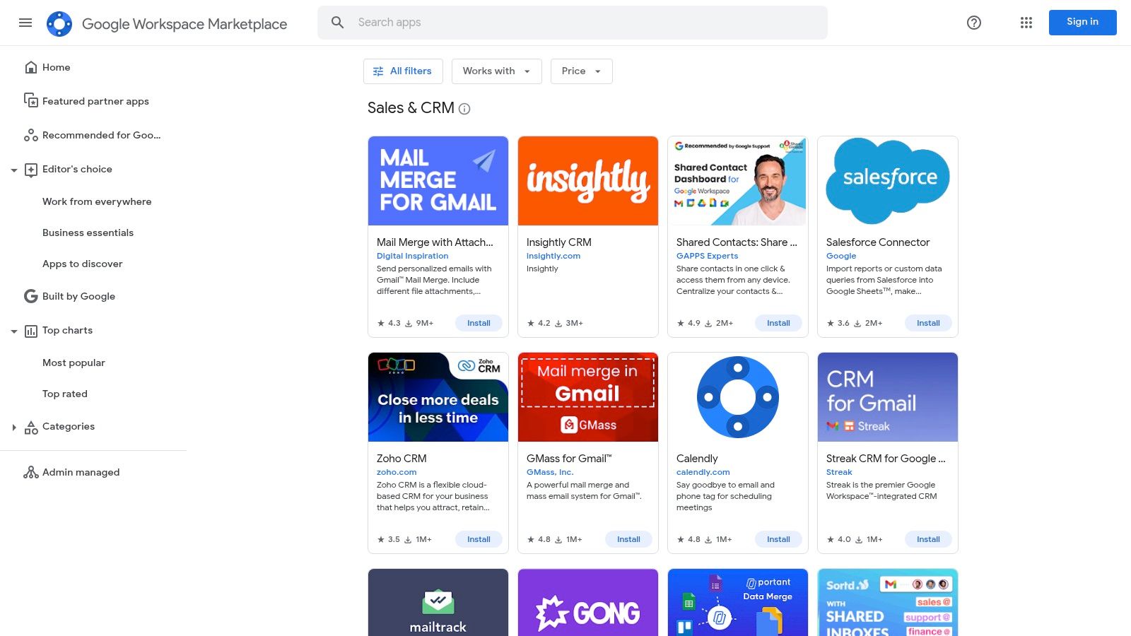 Google Workspace Marketplace — Sales & CRM category