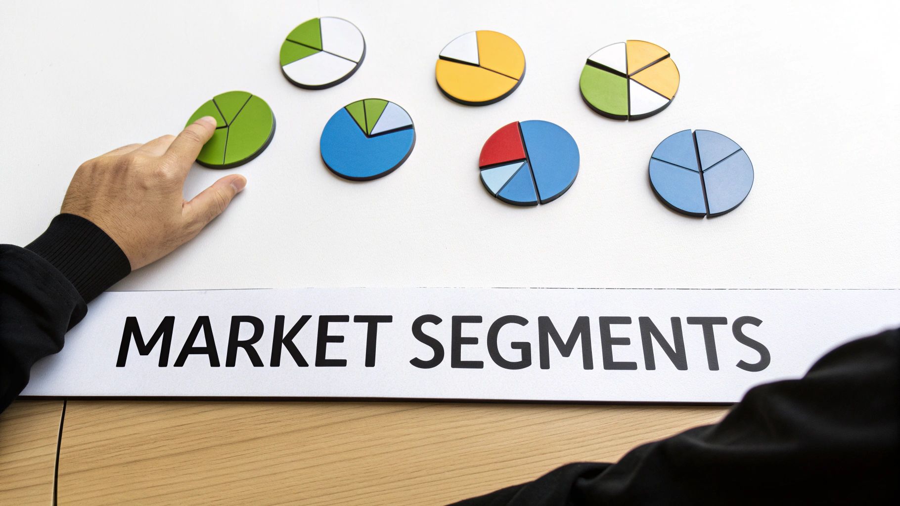 A hand arranging colorful pie chart segments on a white surface labeled 'MARKET SEGMENTS'.