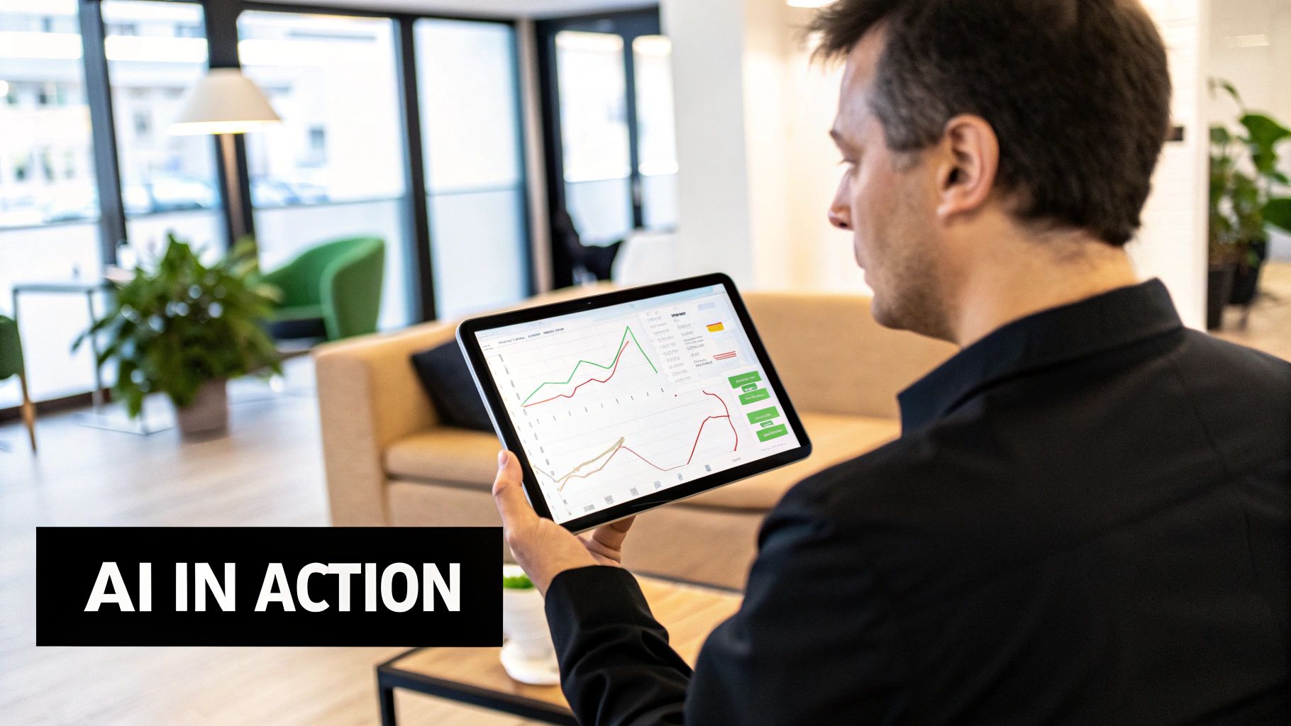 Man viewing data graphs on a tablet, showcasing AI in action in a modern office.