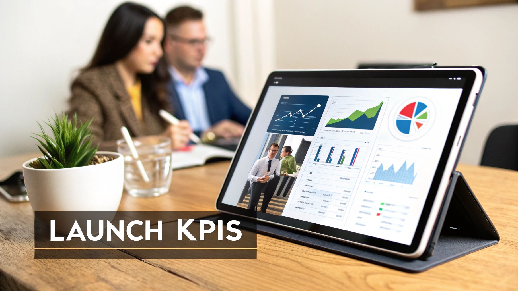 Two business professionals review performance metrics on a tablet, analyzing launch KPIs.