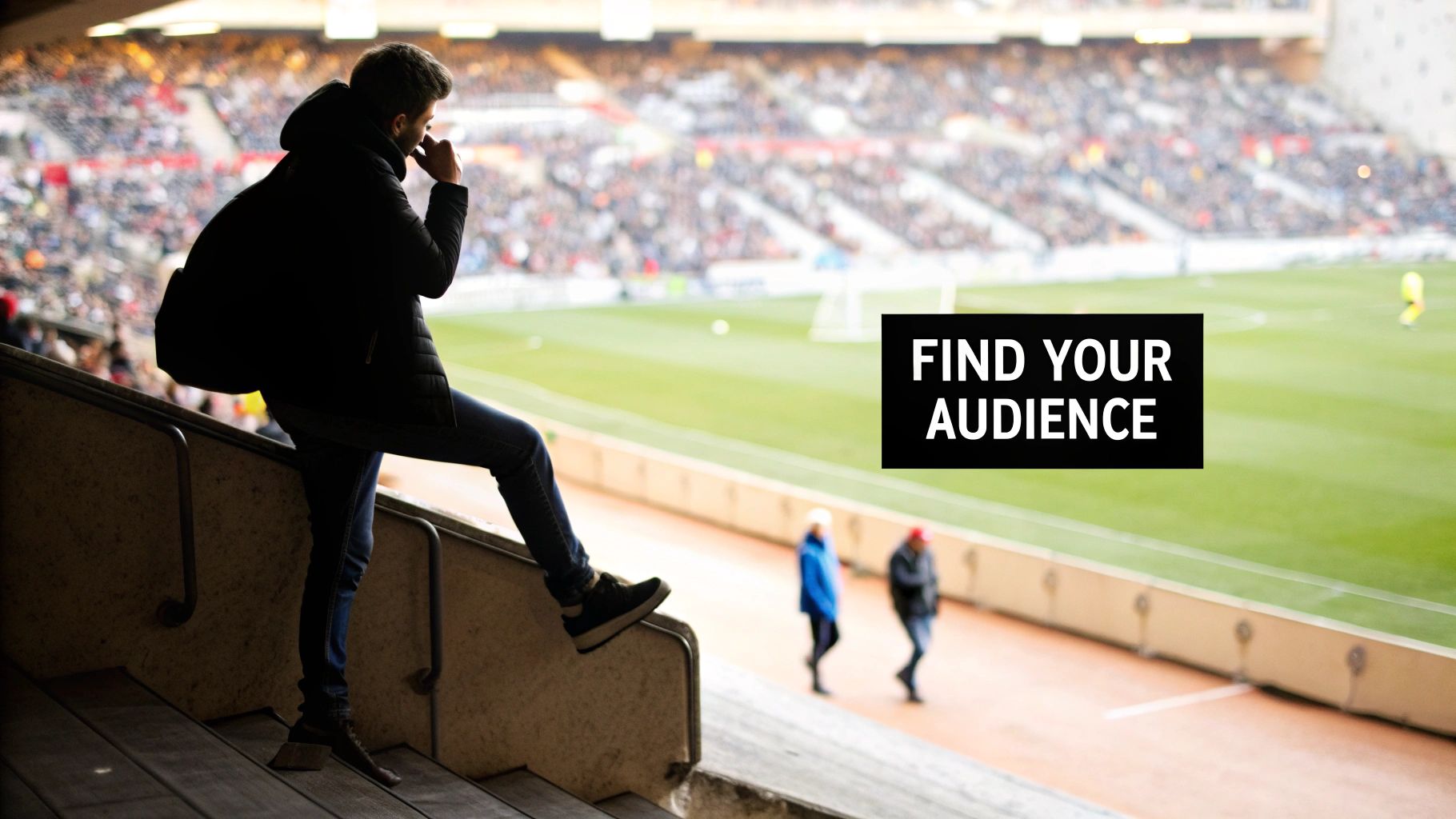 A man stands in a stadium, looking over a railing at the football field and blurred crowd, with text "FIND YOUR AUDIENCE".