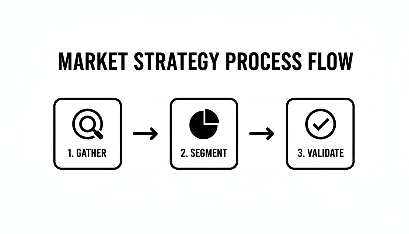 Diagram illustrating market strategy process: gather with magnifying glass, segment with pie chart, validate with checkmark.