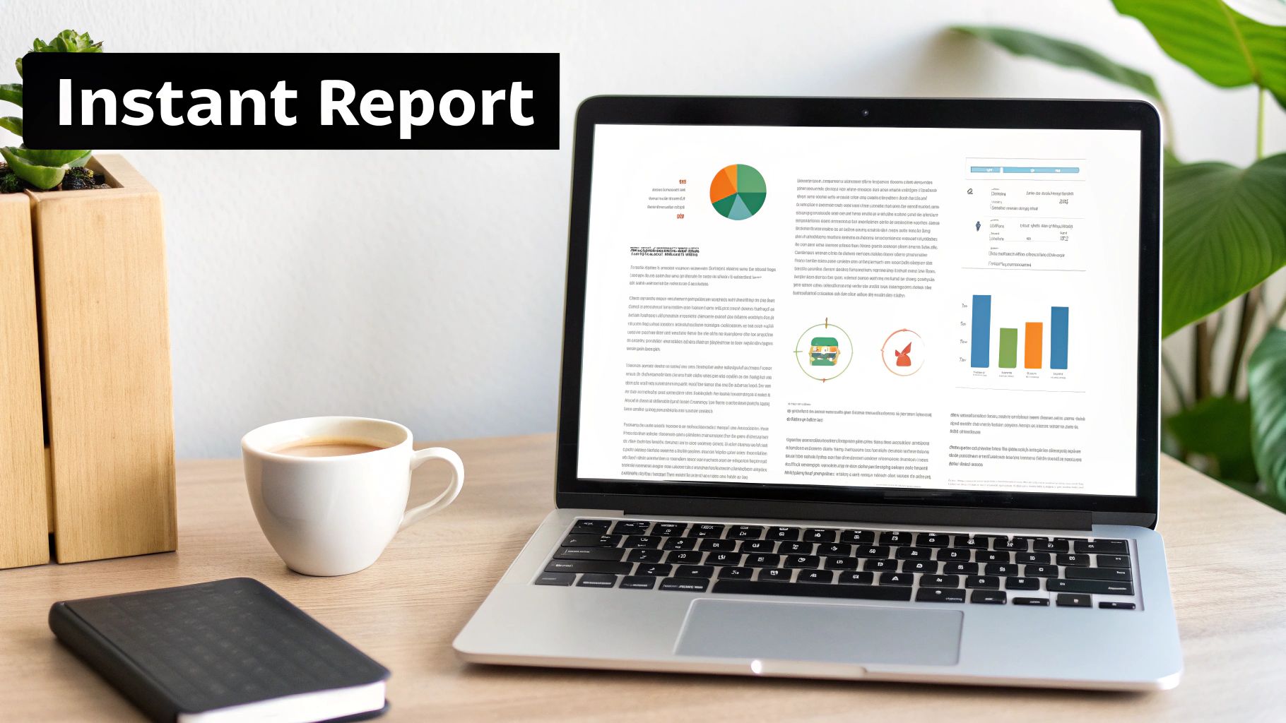 A laptop on a desk displaying an instant market research report, next to coffee and a notebook.