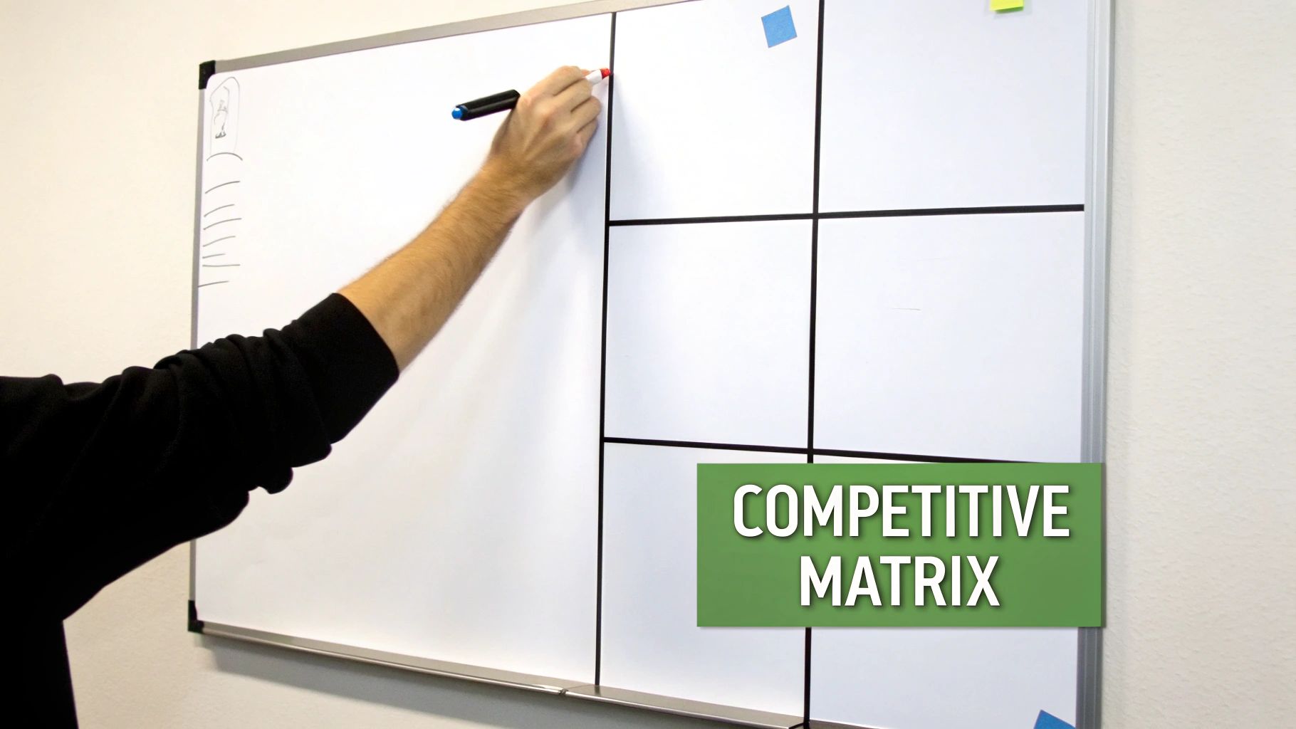 A hand draws on a whiteboard illustrating a competitive matrix for market research.