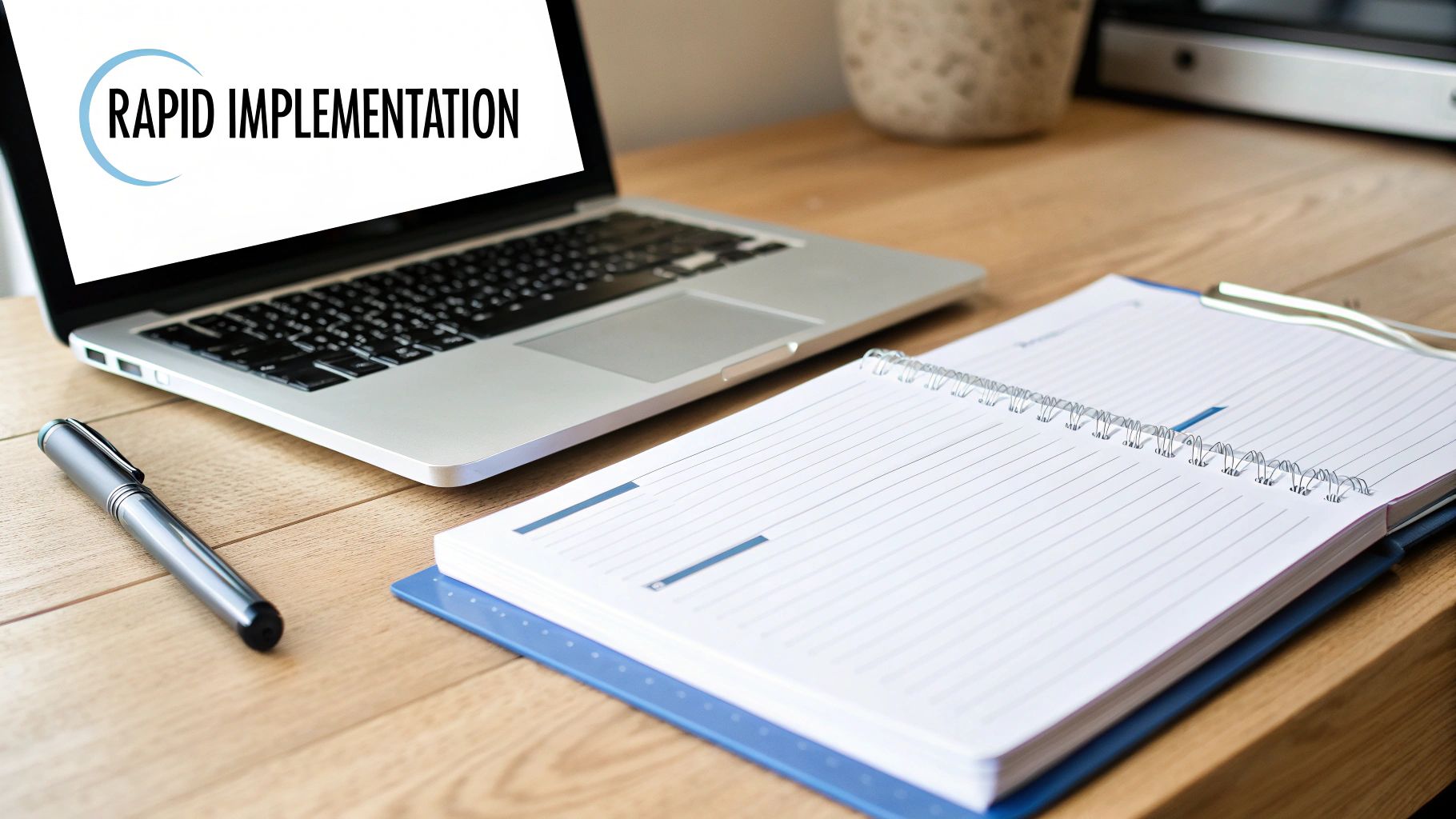 A laptop displaying 'RAPID IMPLEMENTATION' text, a pen, and an open notebook on a wooden desk.