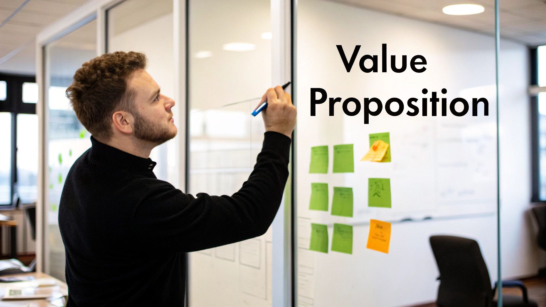A man brainstorming "Value Proposition" on a clear glass board with sticky notes in an office.