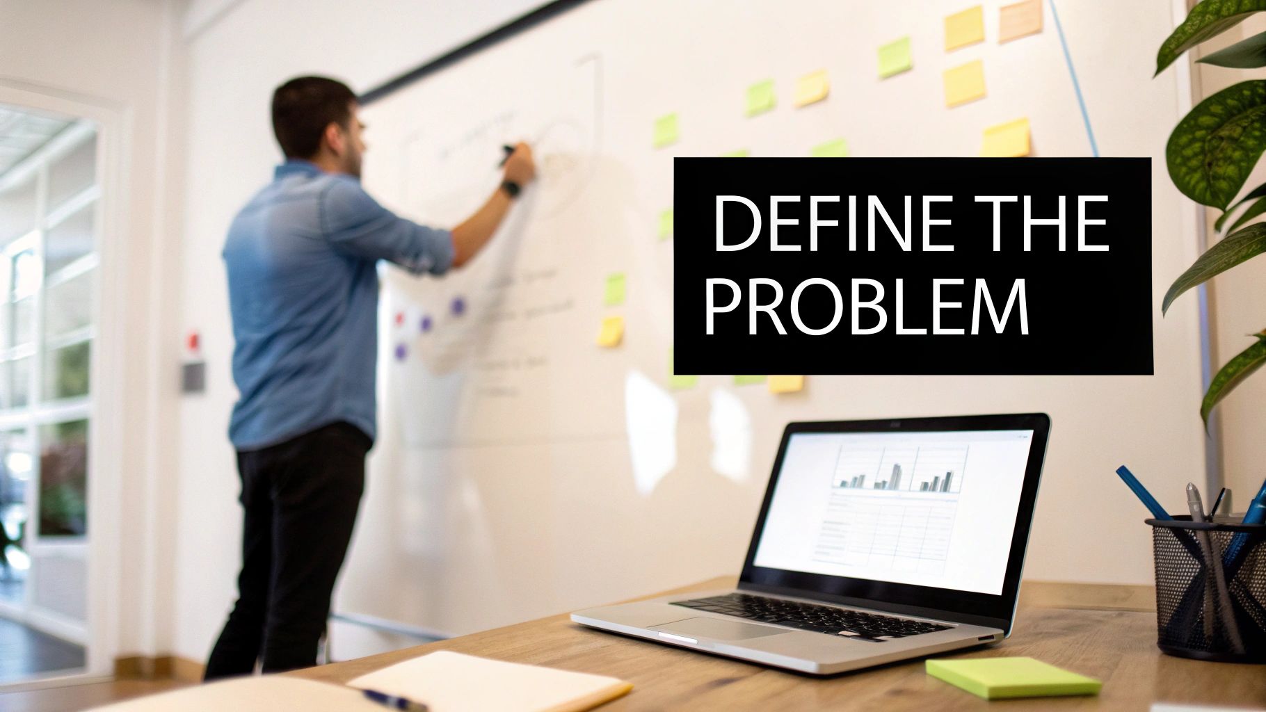 A man writes on a whiteboard with sticky notes, a laptop and “DEFINE THE PROBLEM” text visible.