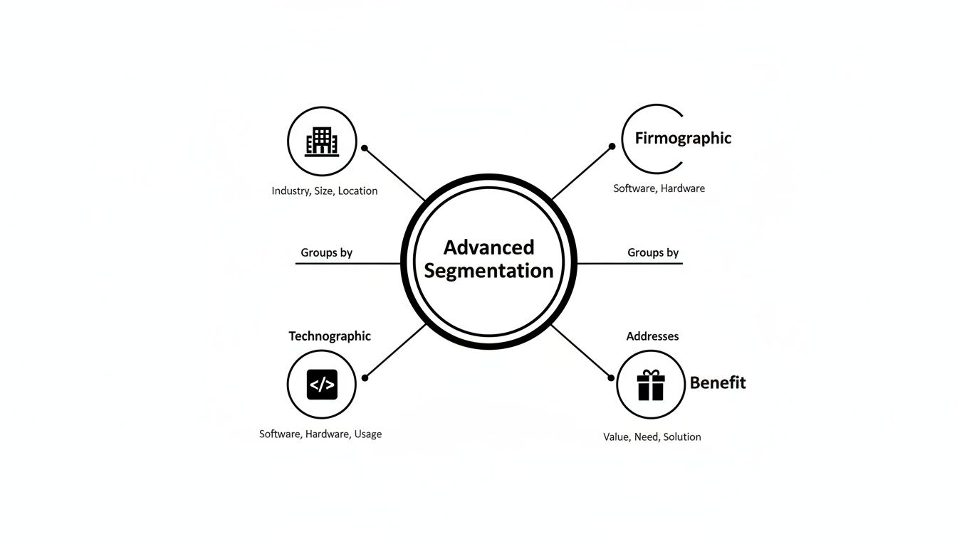 Diagram illustrating advanced segmentation methods including firmographic, technographic, and benefit-based criteria.