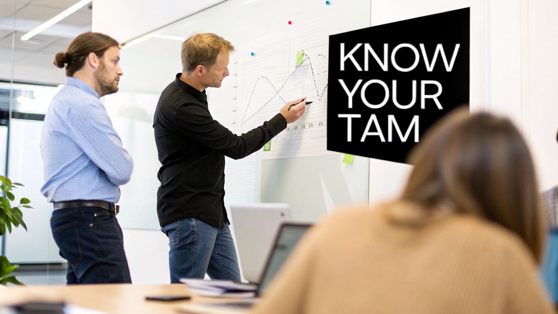 Two men in an office analyze a graph on a whiteboard with 'KNOW YOUR TAM' text.