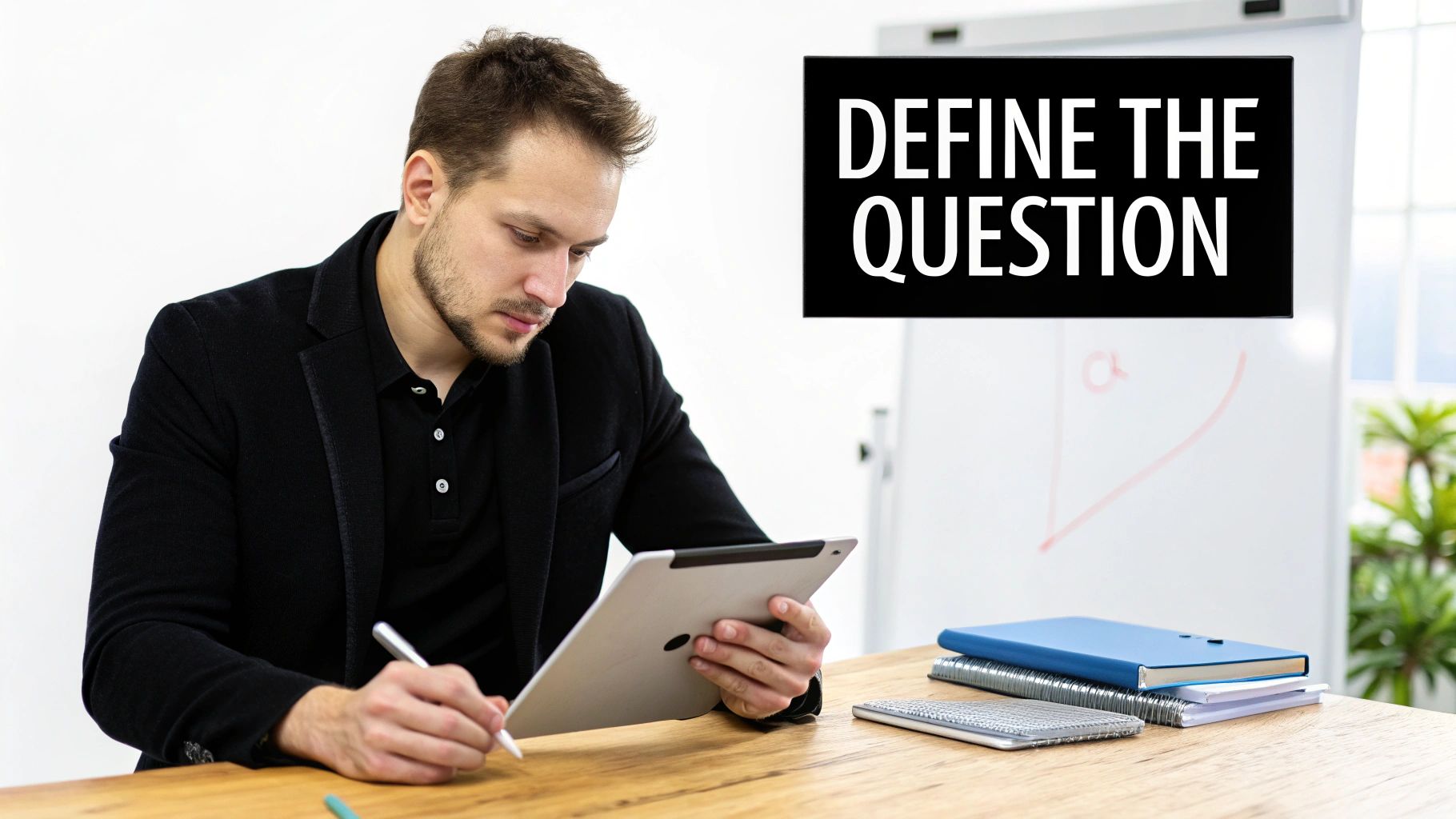 A focused man writes on a digital tablet, with "DEFINE THE QUESTION" on a whiteboard.