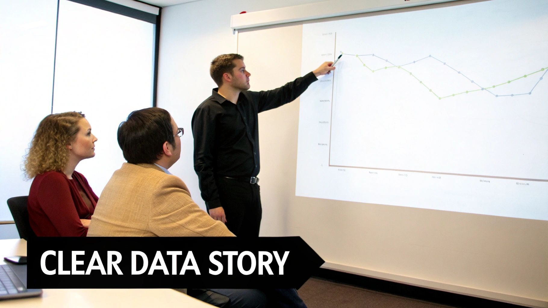 A man presents a data graph on a projector screen to two colleagues in a modern meeting room.