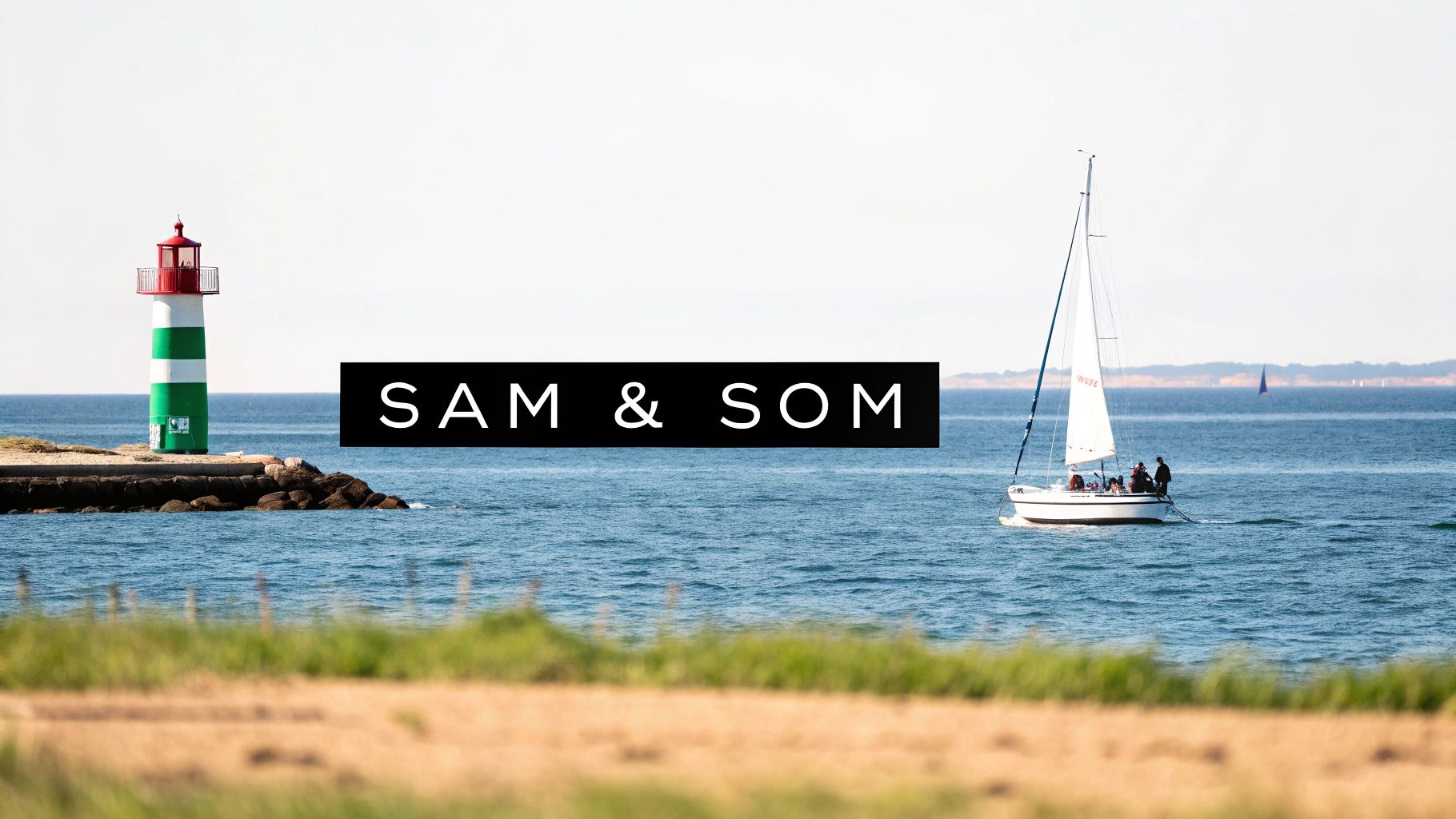A picturesque coastal scene featuring a red and green lighthouse, a sailboat on the blue ocean, and a sandy foreground.