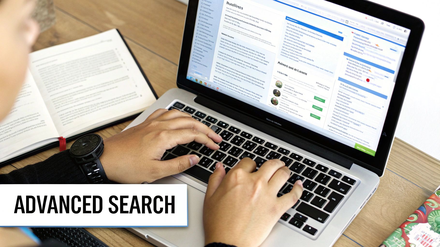 Person typing on a laptop showing 'Advanced Search' page, with an open book and watch on a wooden desk.