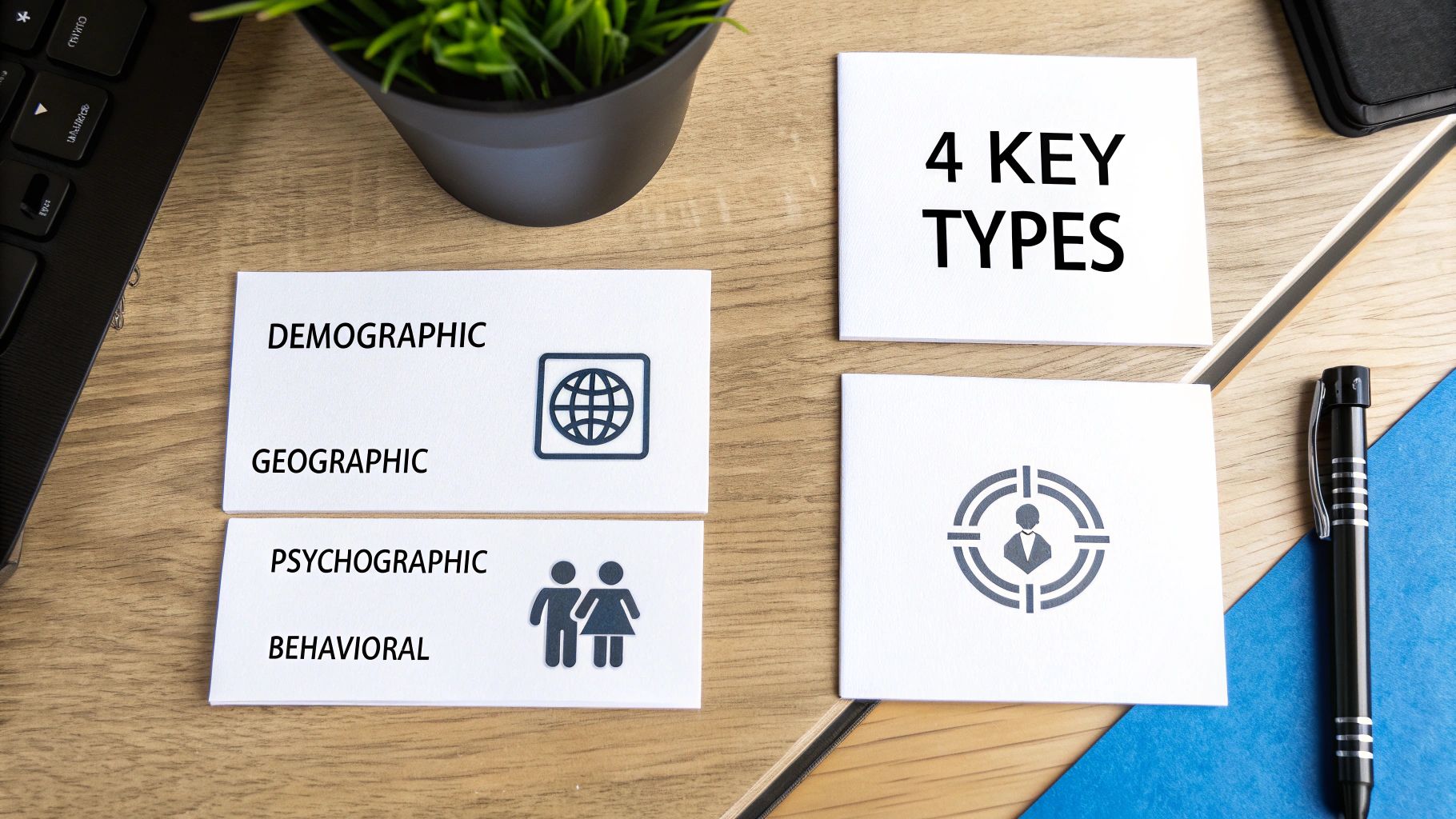 White cards on a wooden desk showing 4 key types of market segmentation: demographic, geographic, psychographic, and behavioral with icons.