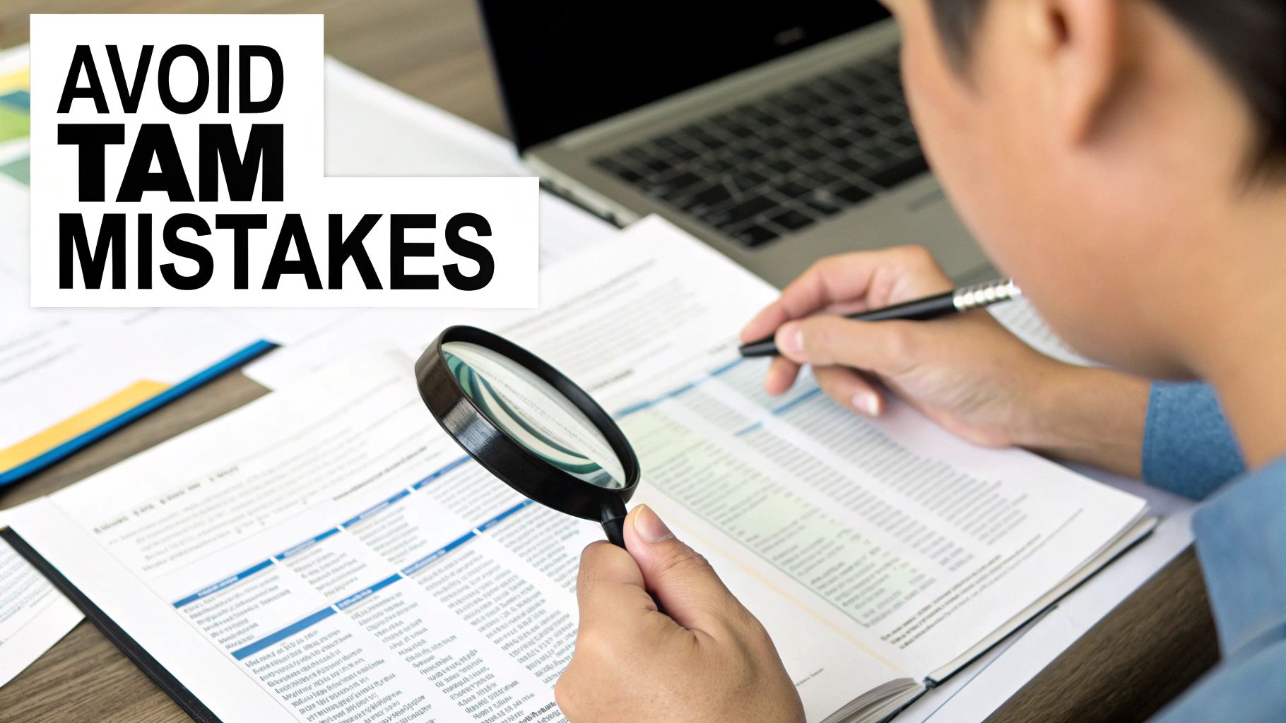 A person uses a magnifying glass and pen to review documents, with text 'AVOID TAM MISTAKES'.