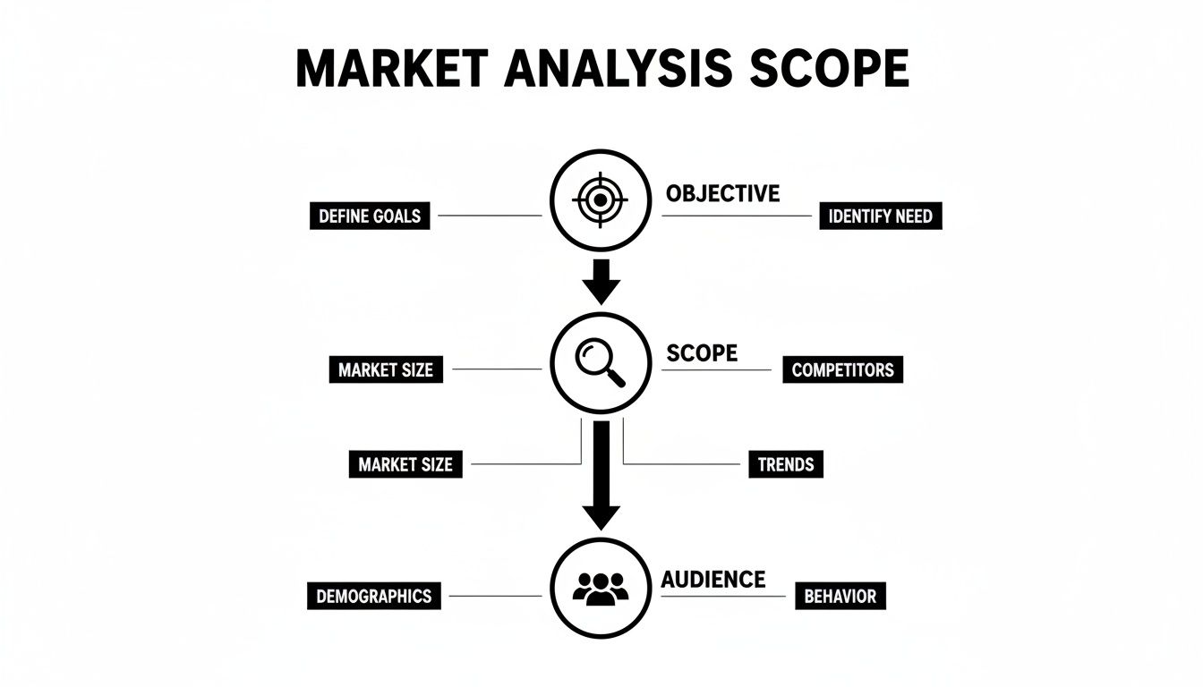 Flowchart illustrating the market analysis scope, detailing objectives, market scope, and audience analysis.