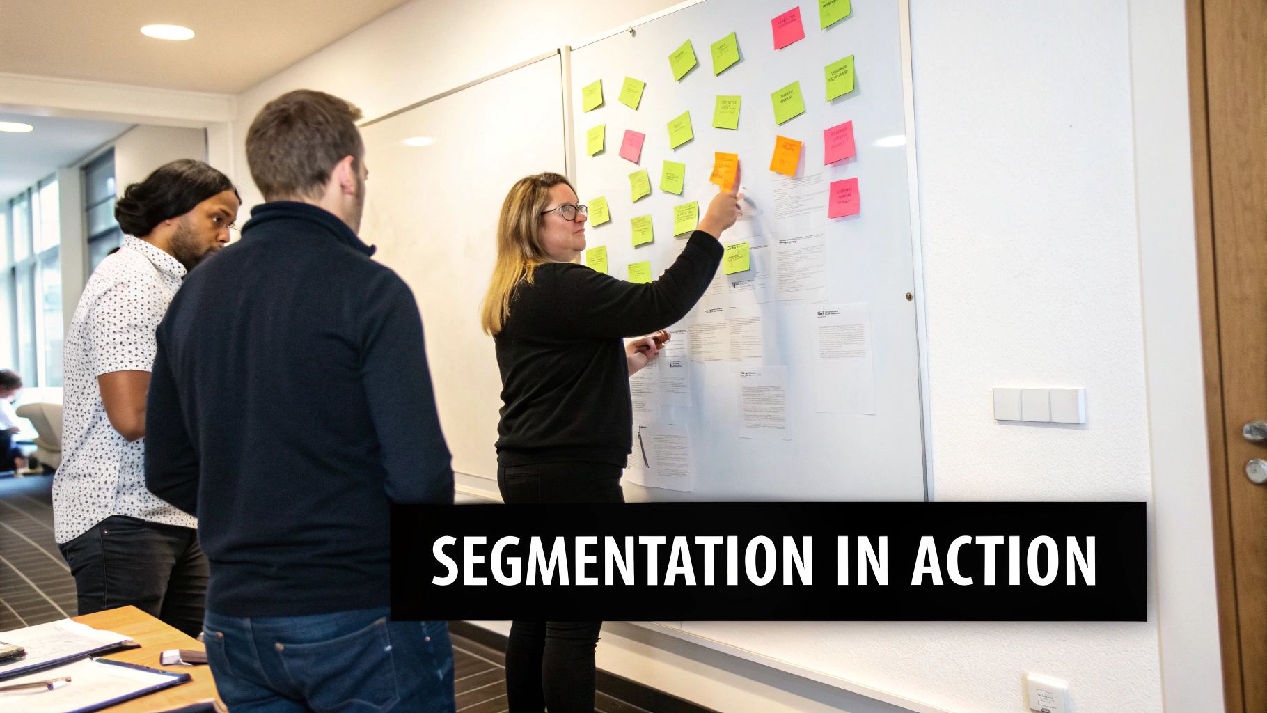 Three colleagues collaborate on a whiteboard filled with colorful sticky notes, demonstrating market segmentation.