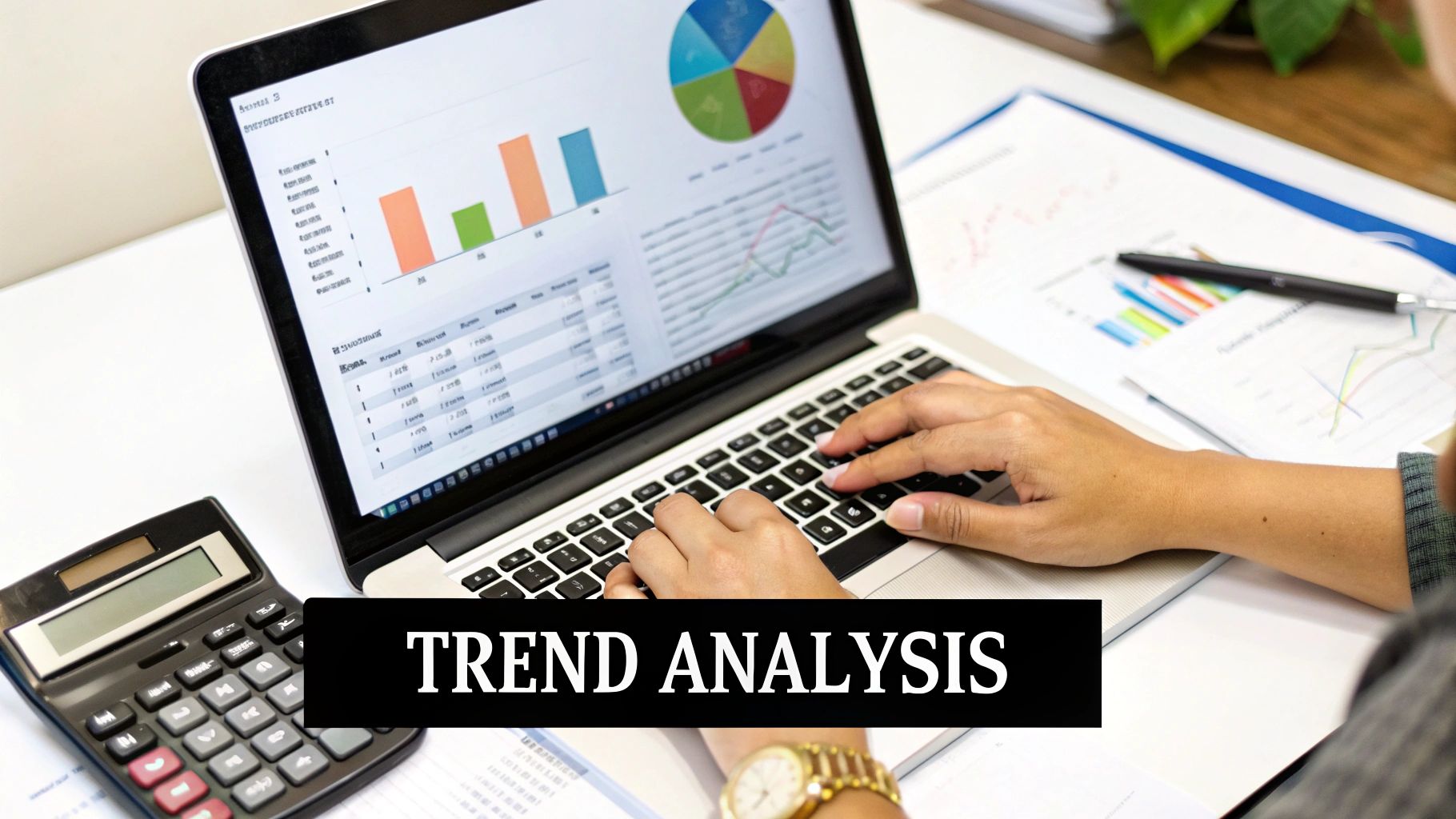 A person analyzing market trends on a laptop with charts, graphs, and a calculator on a desk.