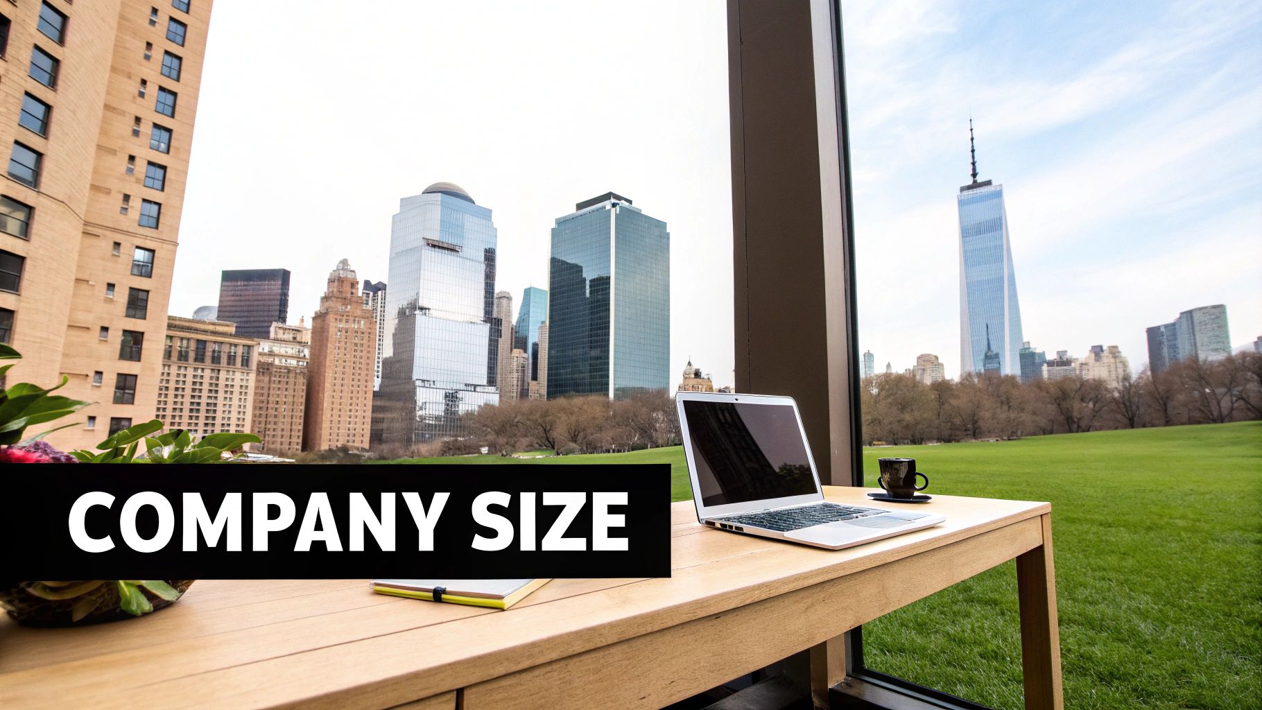 A modern workspace with a laptop and coffee mug on a wooden desk, overlooking a city skyline and green park, with 'COMPANY SIZE' text.