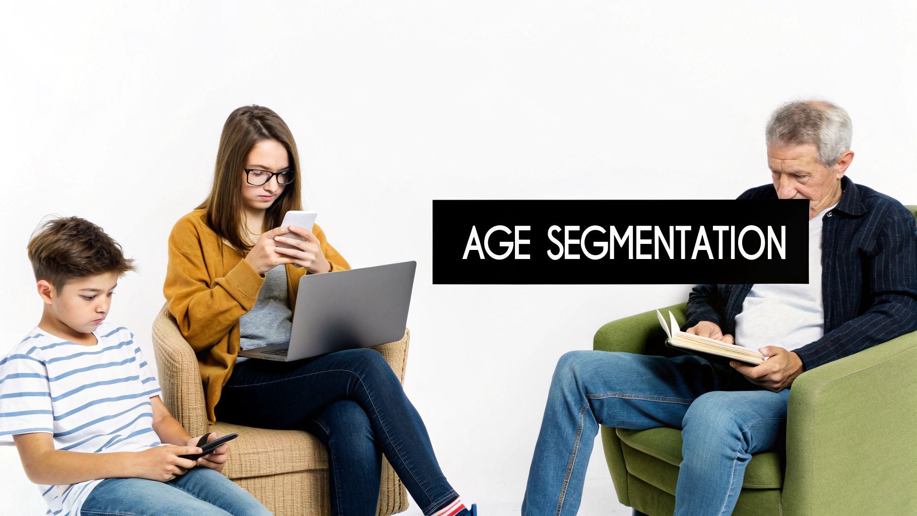 Three individuals across different generations using technology and reading, illustrating age segmentation.